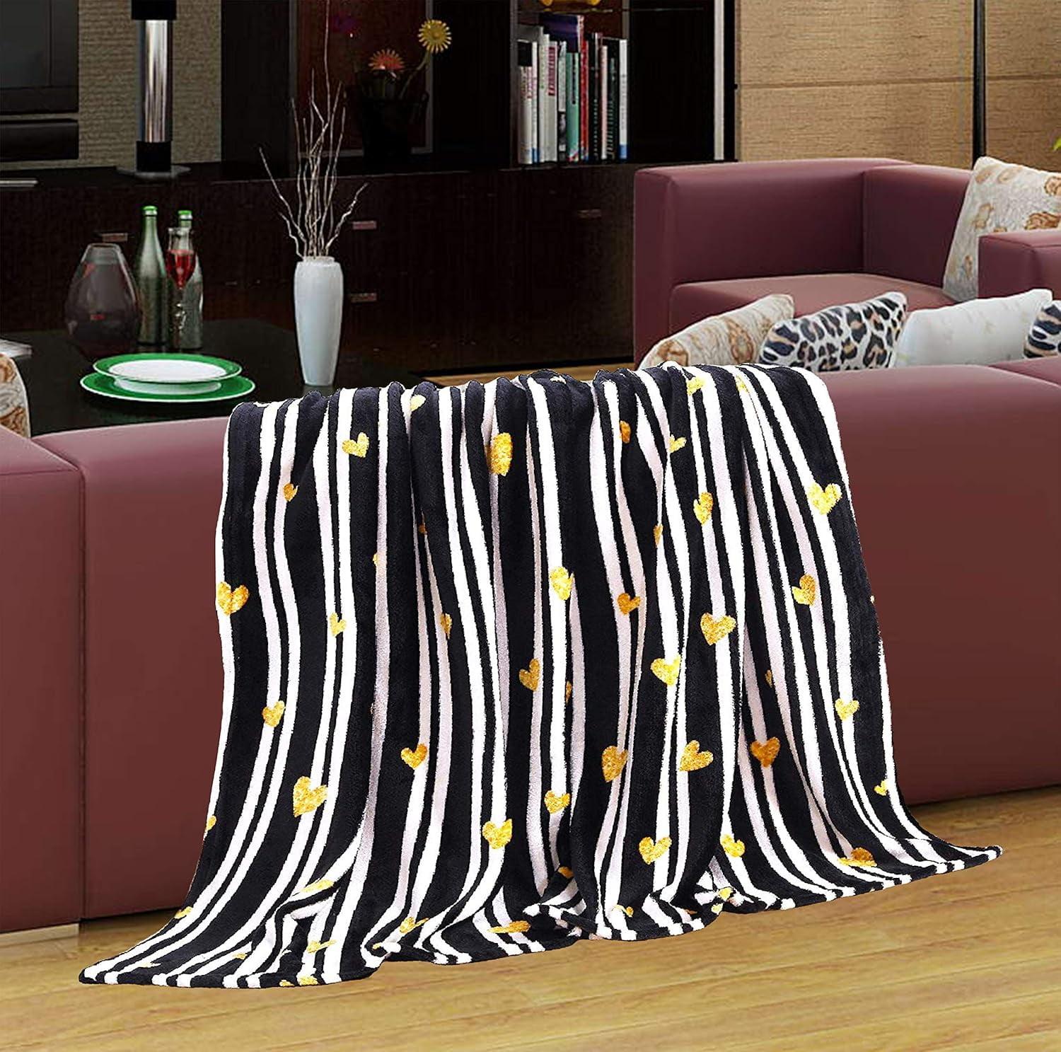 Golden Heart Black and White Striped Fleece Throw Blanket 50 x 60 Inch