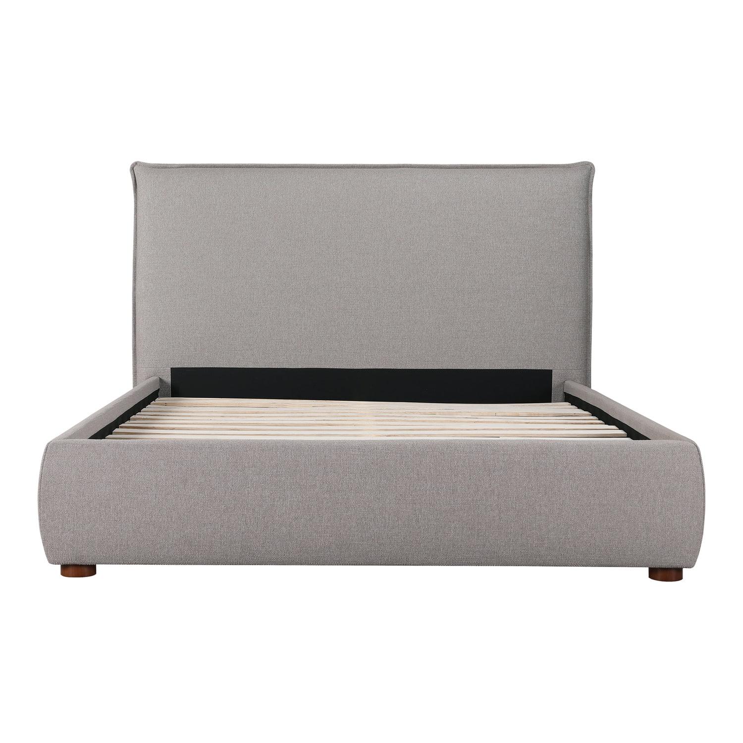 Gray King Upholstered Bed with Linen Headboard and Drawers
