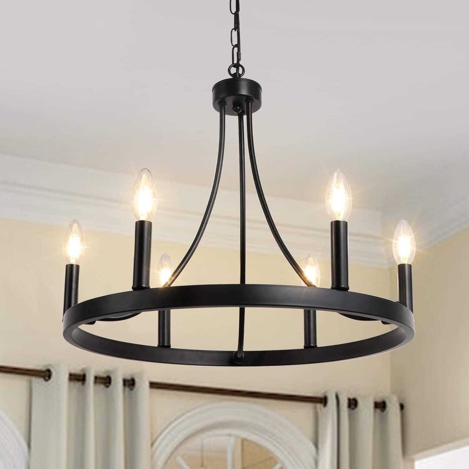 Black Metal 6-Light Wagon Wheel Chandelier