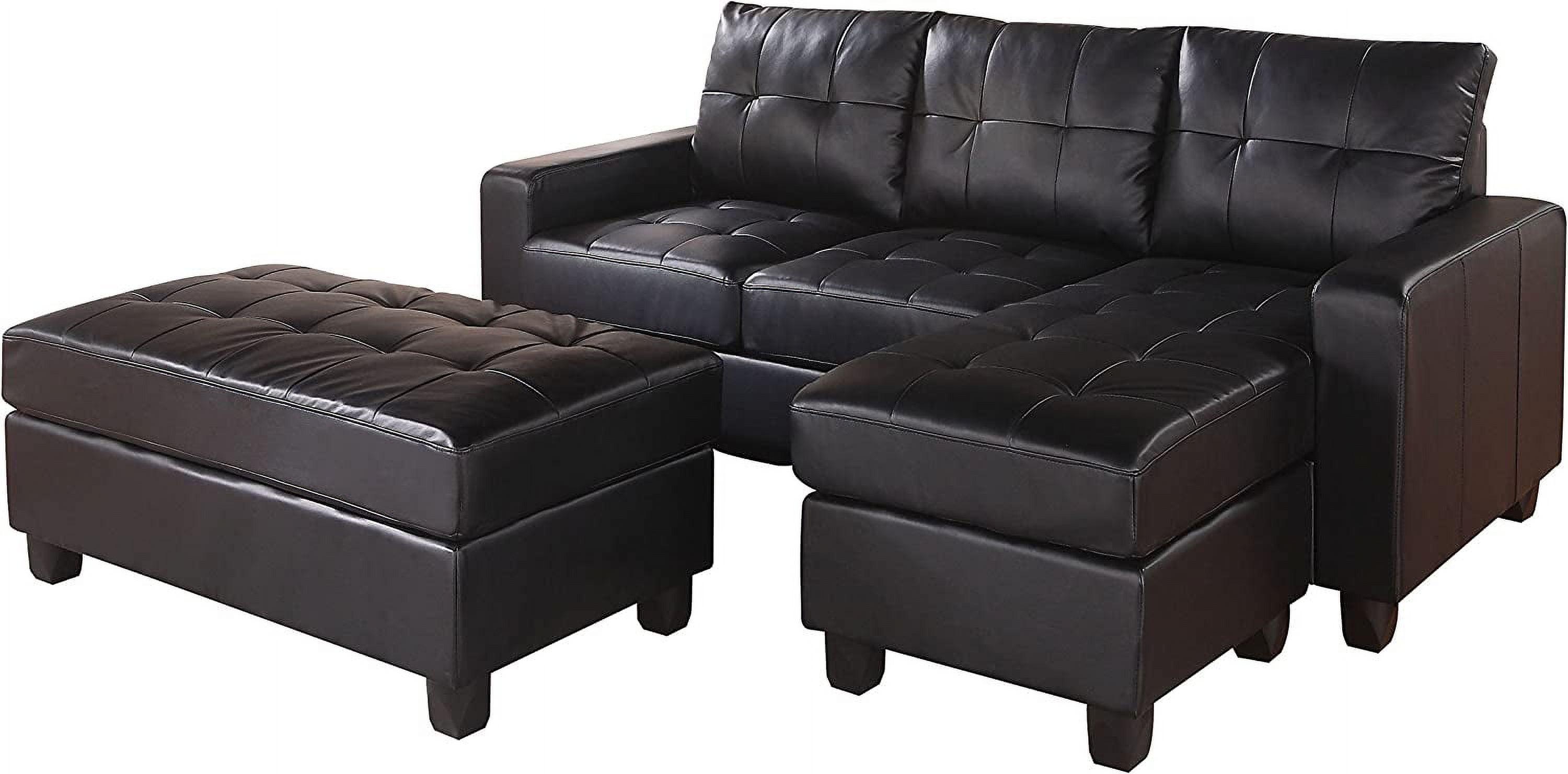 Black Tufted Faux Leather Three Piece Sectional with Ottoman