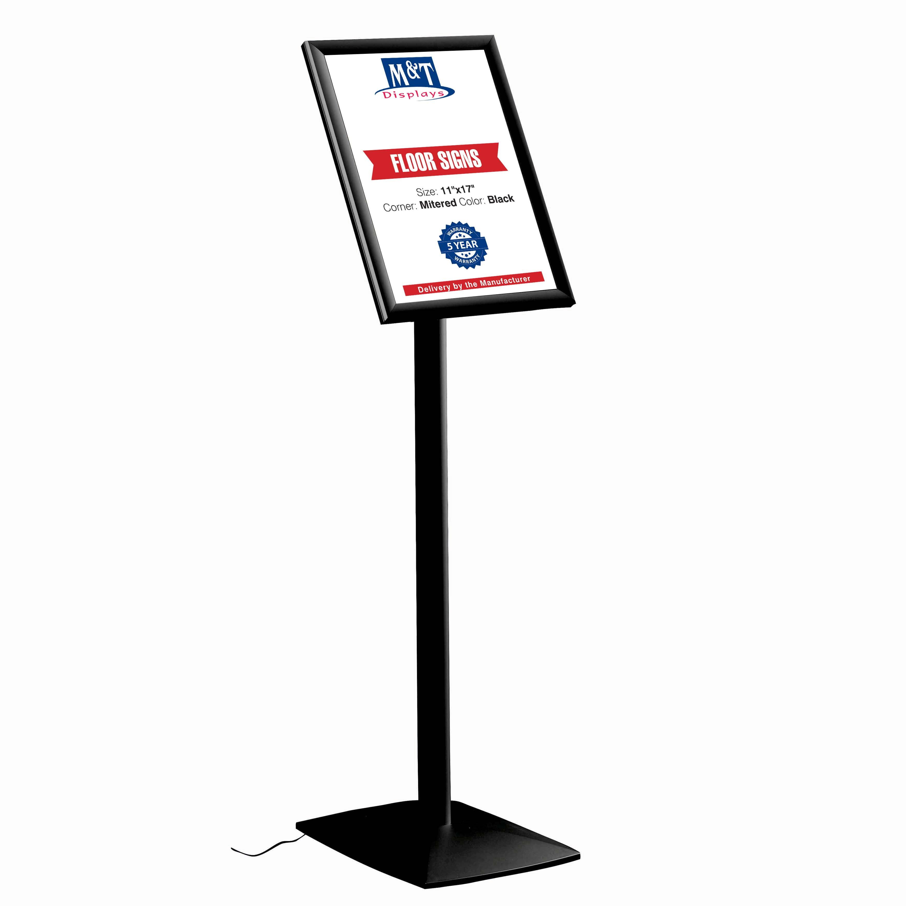 M&T Displays Flexible Sign Holder LED Box Fixed Height, Illuminated Pedestal Poster Stand Menu Post 11x17 Inch Black Aluminum Easy Front Loading Snap Frame Anti Glare PET Cover Steel Black Metal Base
