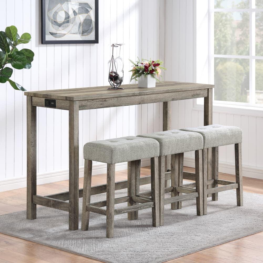 Gray and Brown Rectangular Pub Table Set with 4 Upholstered Chairs