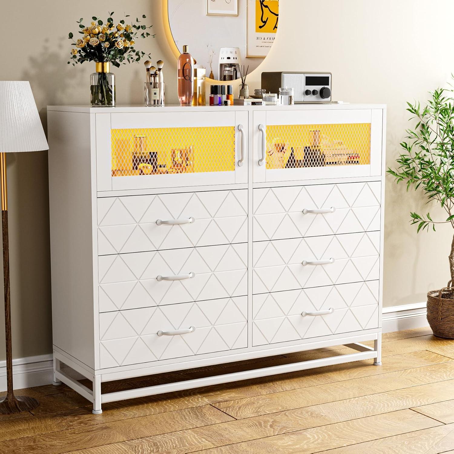 Dresser for Bedroom with LED Lights and Charging Station, Wooden 6 Drawer Double Dresser with 2 Doors, Modern Chest of Drawers for Bedroom, Entryway, Hallway, White