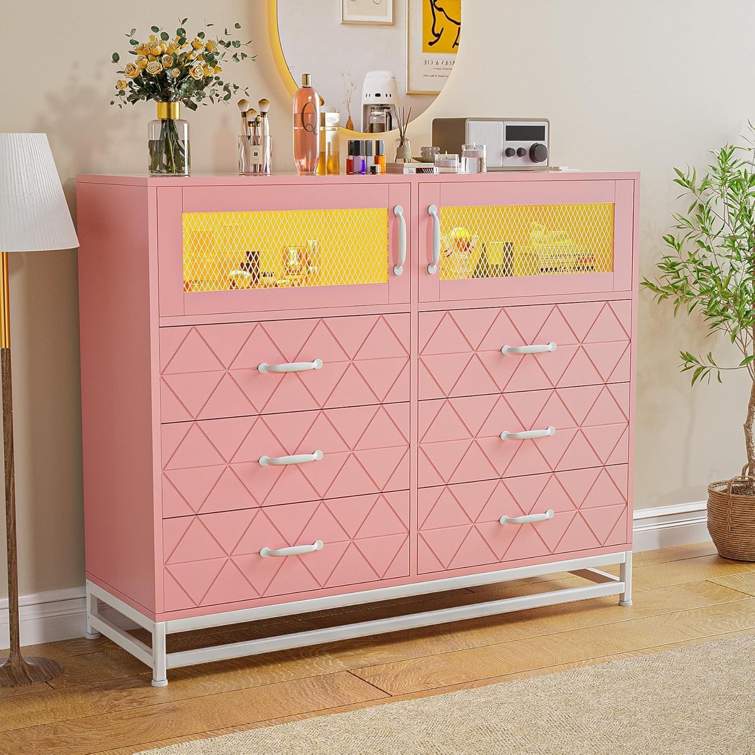 Dresser for Bedroom with LED Lights and Charging Station, Wooden 6 Drawer Double Dresser with 2 Doors, Modern Chest of Drawers for Bedroom, Entryway, Hallway, Pink