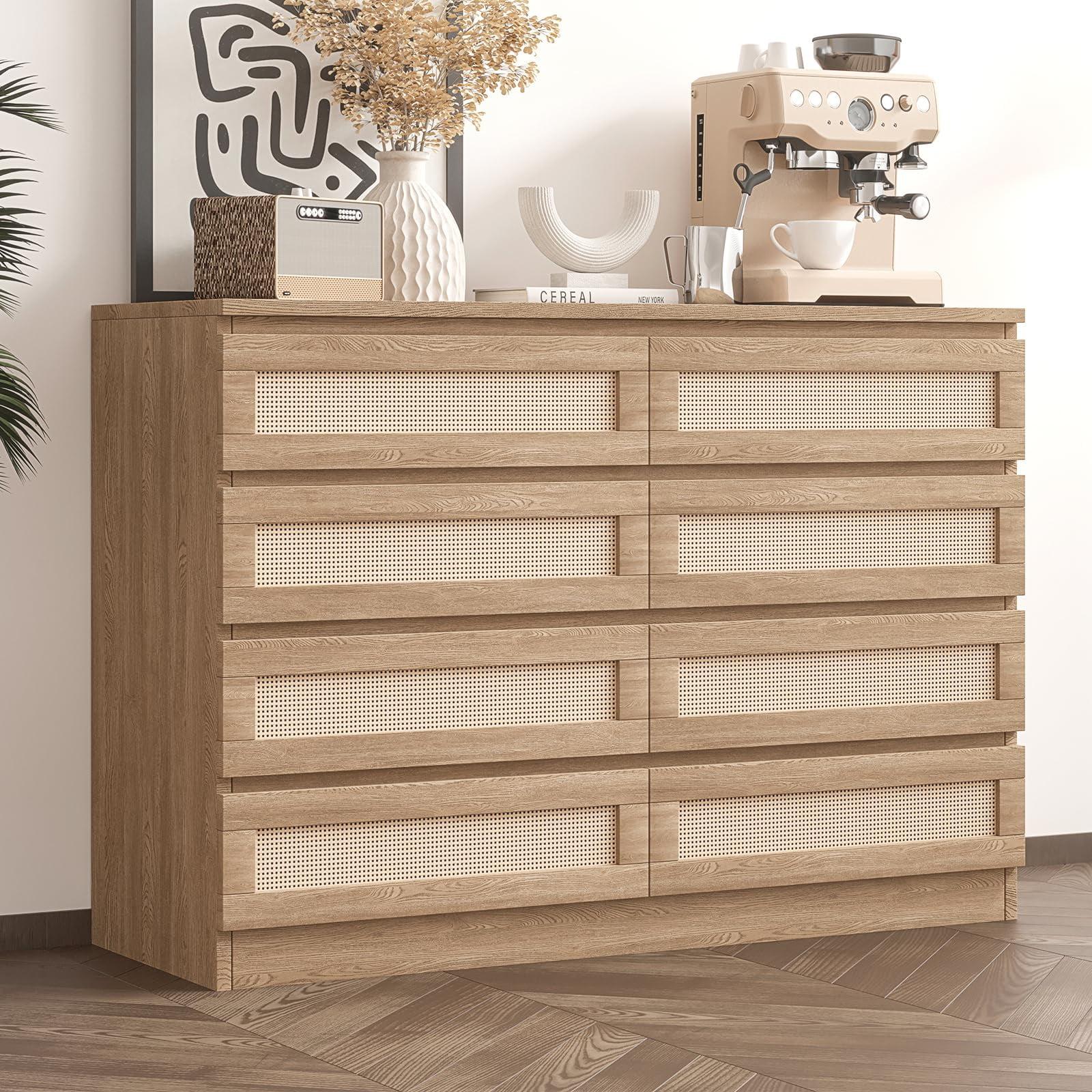 Beige Oak 8-Drawer Double Dresser with Rattan Panels