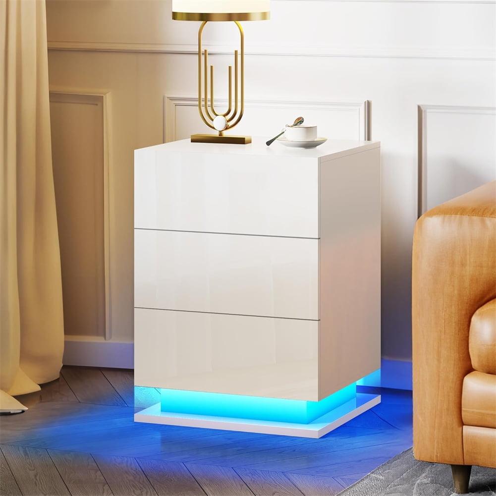 White High Gloss 3-Drawer Nightstand with LED Lights