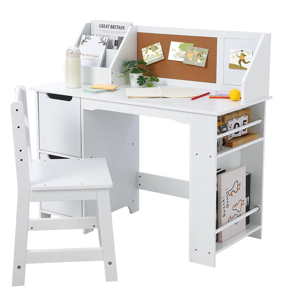 Children's White Study Desk & Chair Set with Bookshelf, Bulletin Board, and Storage Cabinets - Perfect for Ages 3-8