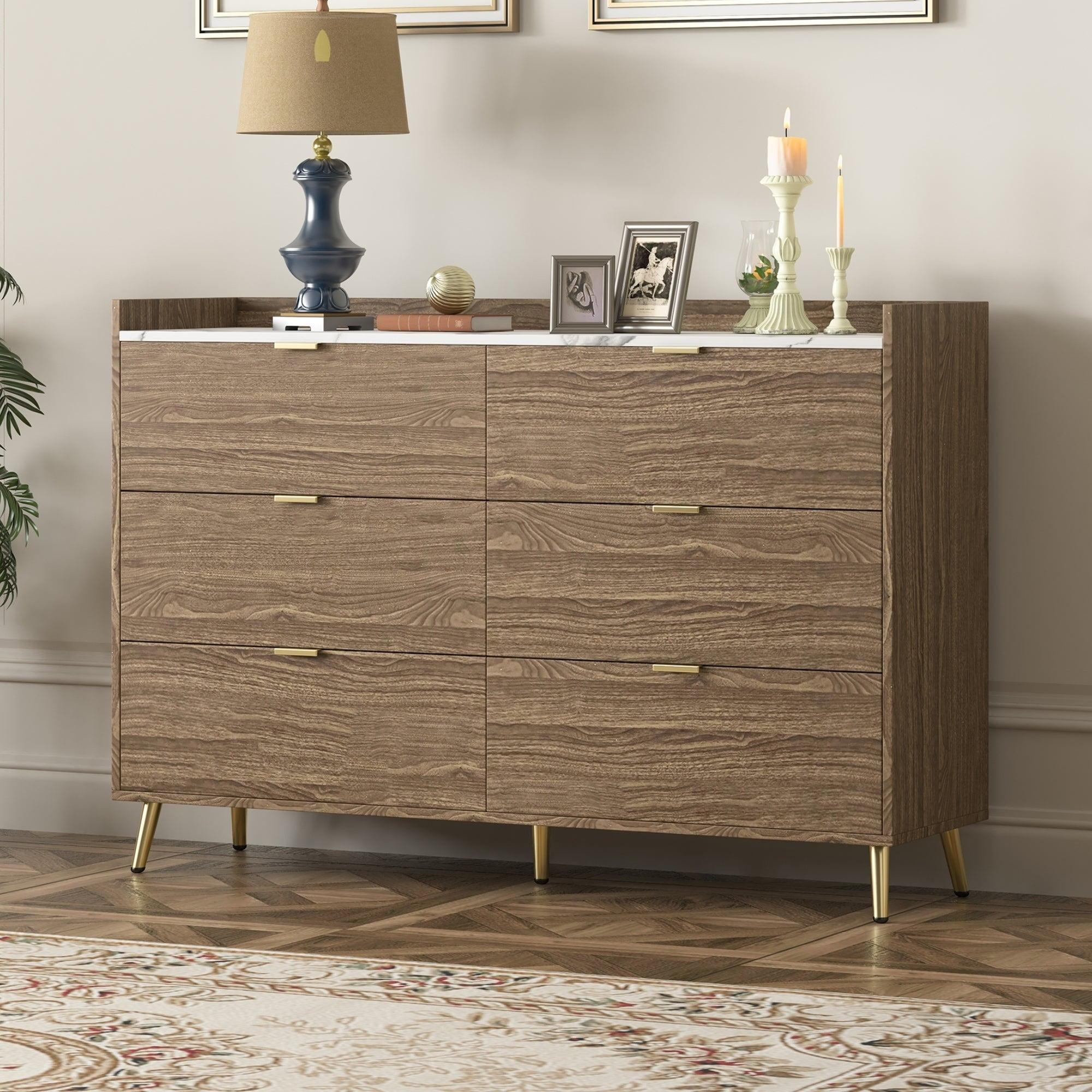 Walnut 55" 6-Drawer Dresser with Marbled Top and Metal Legs