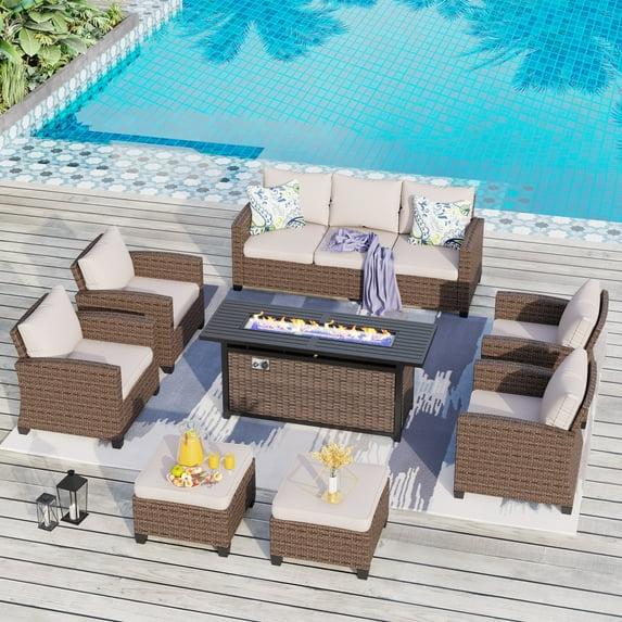 MAISON ARTS 7/9-Seat Patio Furniture Wicker Rattan Outdoor High-back Sectional Sofa Conversation Set with Firepit Table 9 Seats + 56" Fire Pit - Beige