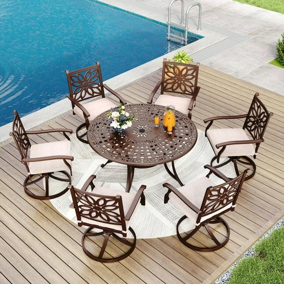 MAISON ARTS  7-Piece Cast Aluminum Patio Dining Set with Round Dining Table & 6 Cast Aluminum Patio Chairs 7-Piece-Swivel Chairs