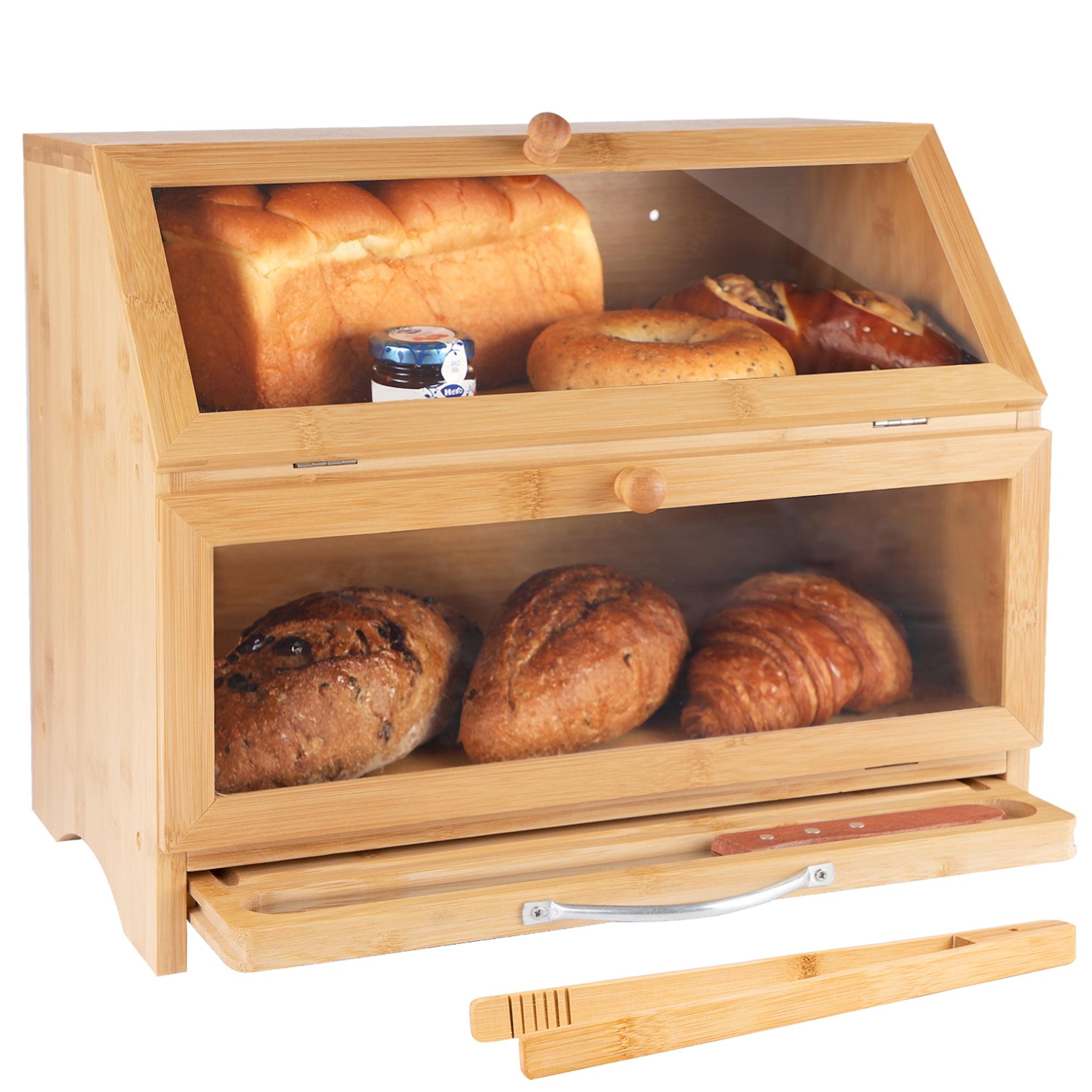 Double Layer Bamboo Bread Box with Cutting Board and Knife