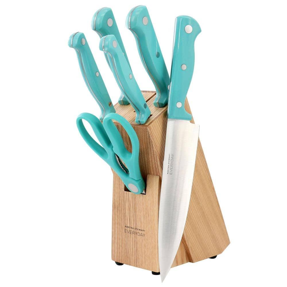 Teal Handle 7-Piece Stainless Steel Knife Set with Wood Block