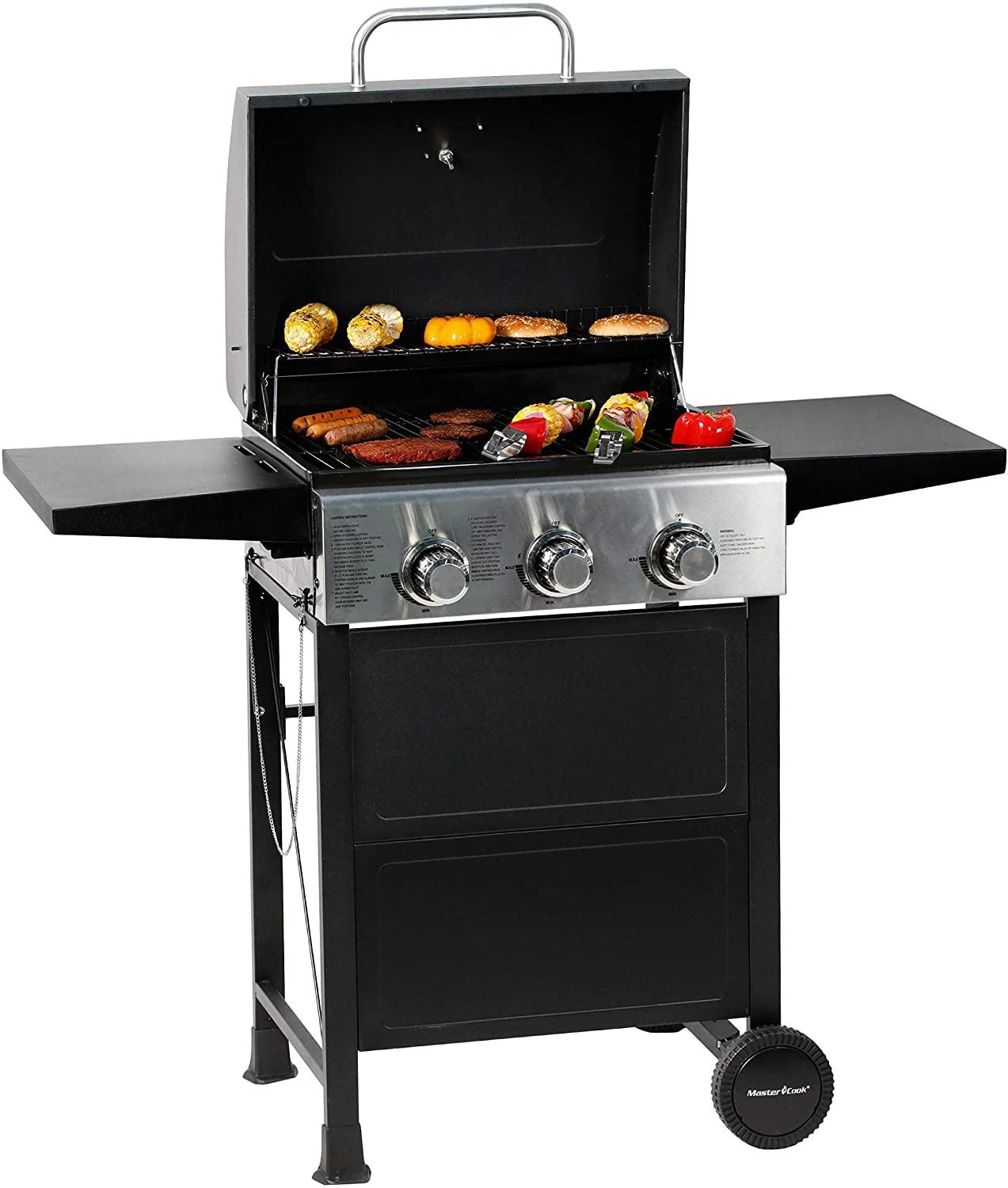 MASTER COOK Propane Gas Grill, 3 Burners Stainless Steel Grill with Foldable Shelves, Black