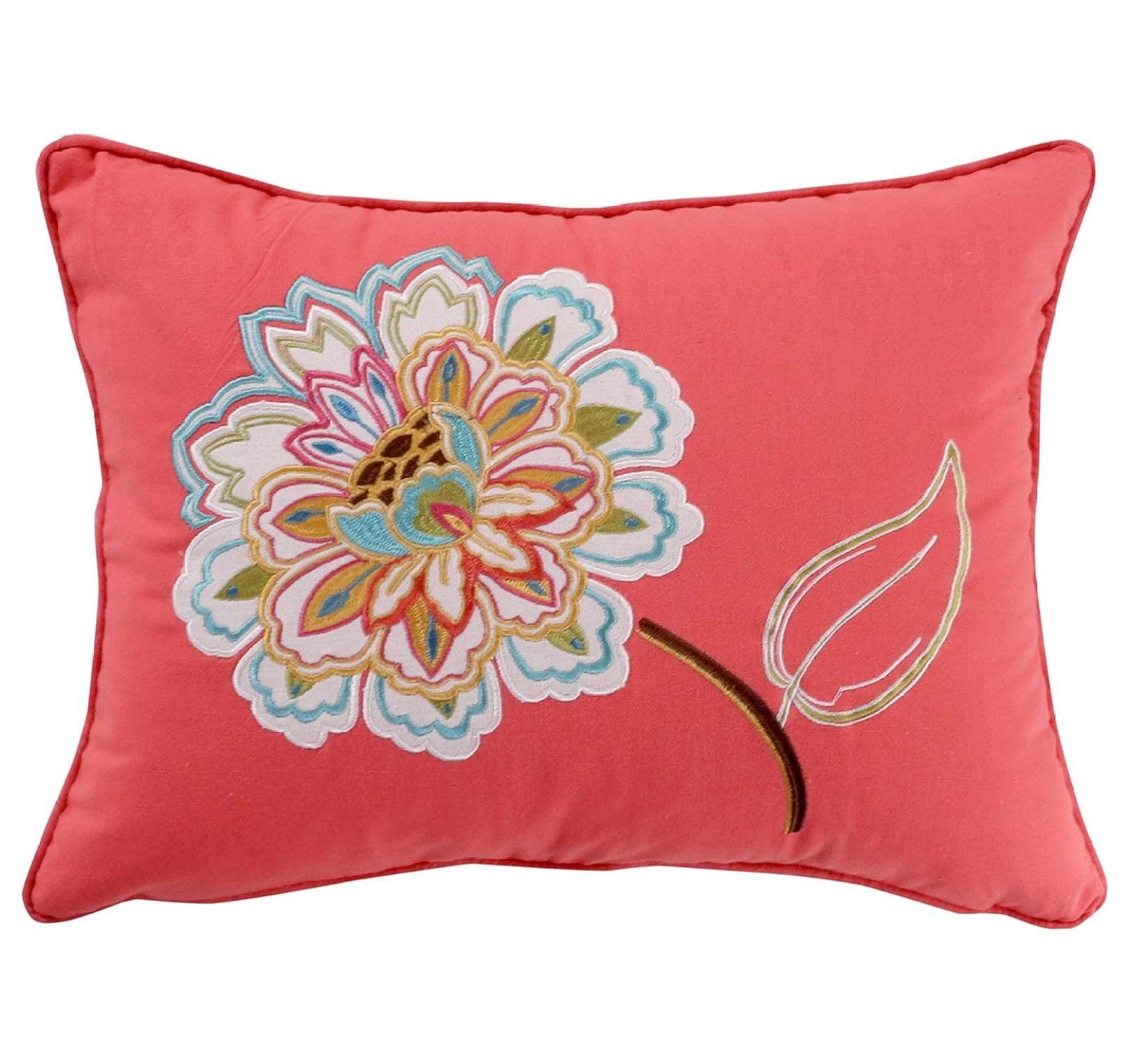 Coral Embroidered Floral Lumbar Pillow with Feather Fill