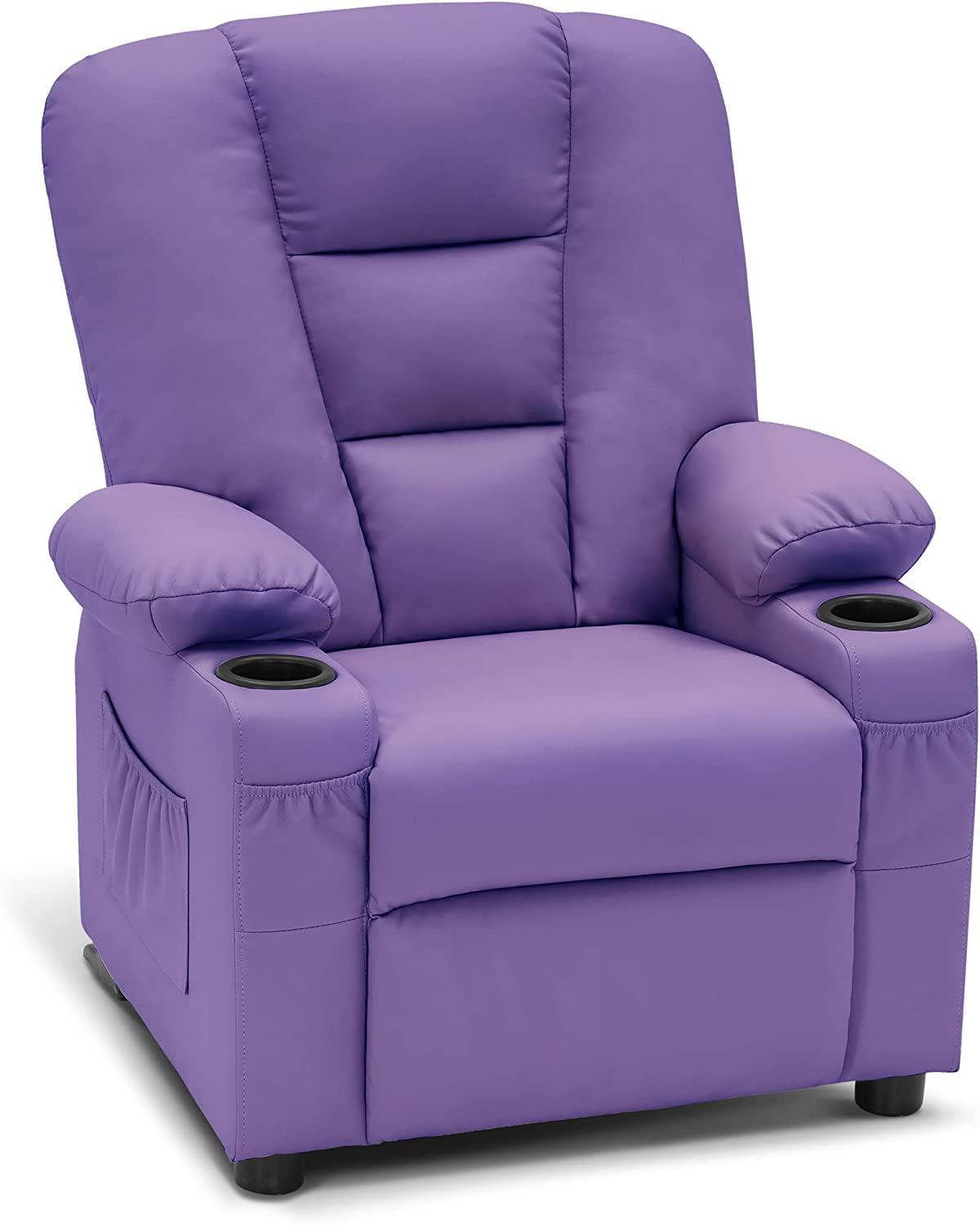 MCombo Big Kids Recliner Chair with Cup Holders for Toddler Boys and Girls, 2 Side Pockets, 3+ Age Group, Faux Leather 7322 Violet