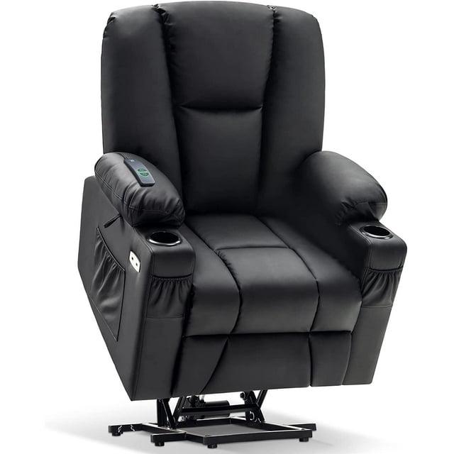MCombo Electric Power Lift Recliner Chair with Extended Footrest for Elderly People, 3 Positions, Hand Remote Control, 2 Cup Holders, USB Ports, Faux Leather 7507 Black