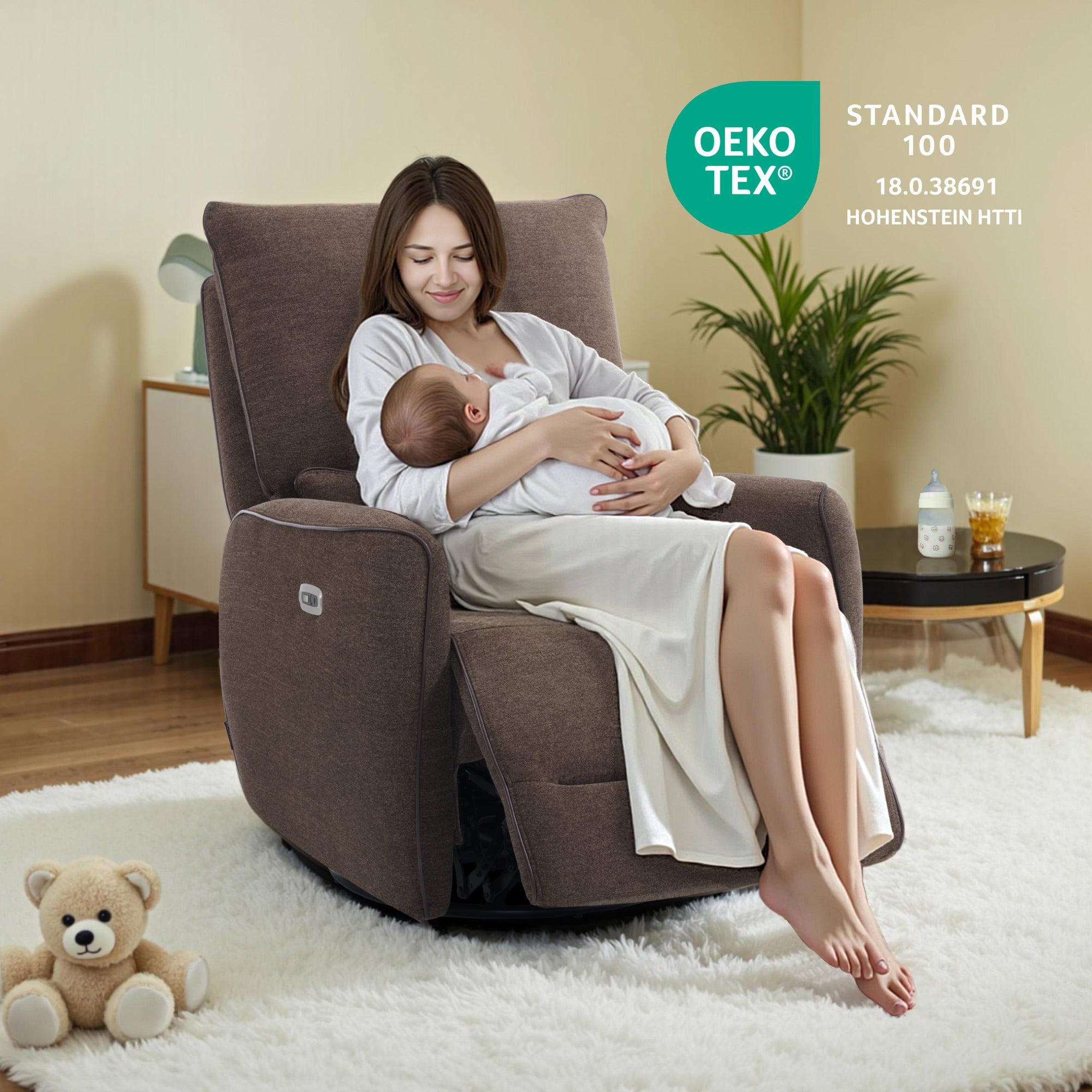 Swivel Glider Power Recliner Chair, Electric Rocker Recliner Chairs with USB Ports For Nursery, Fabric