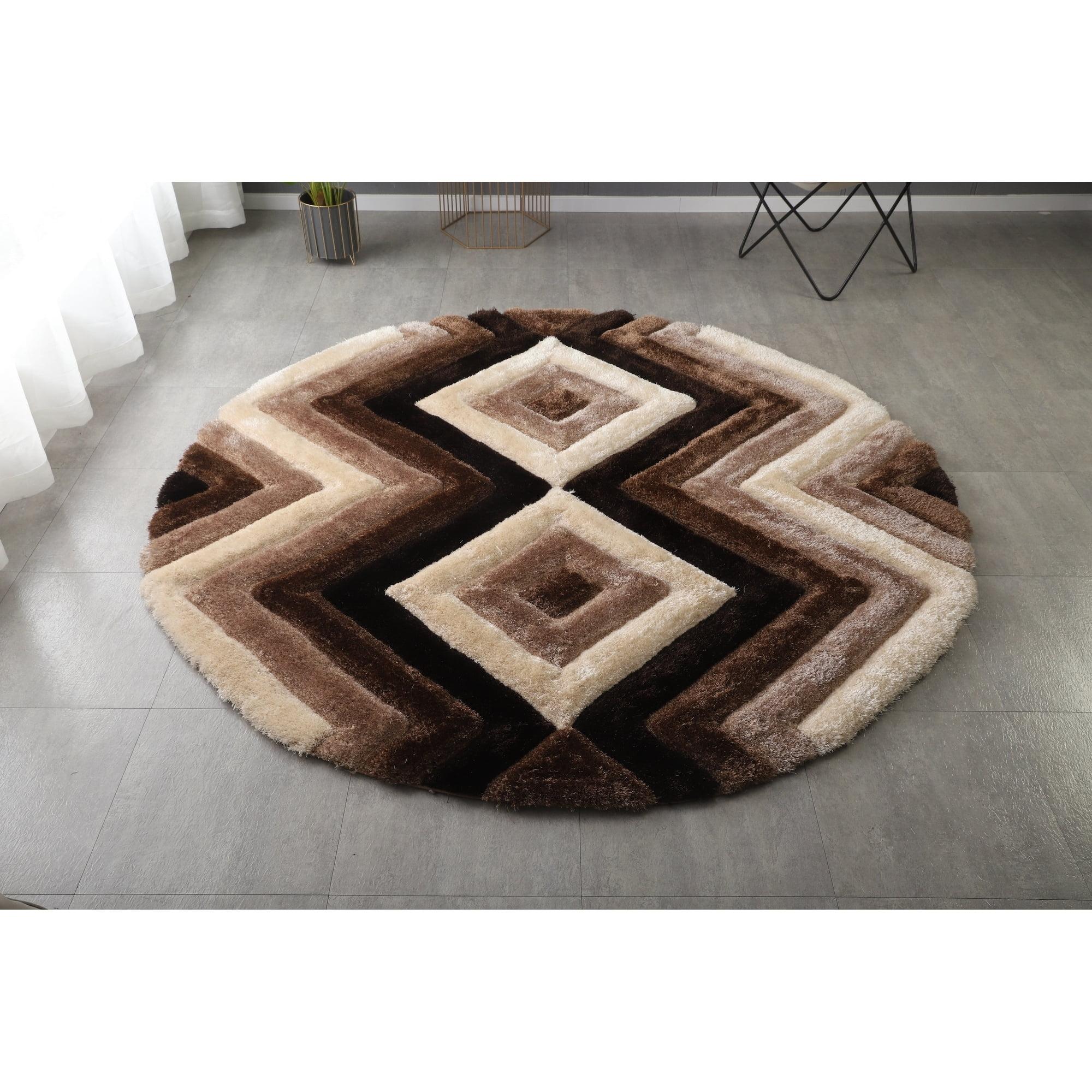 MDA Rug Imports Mateos Shag Collection Geometric Area Rug Brown 7' Round Geometric 6' Round Tan, Beige, Black Round