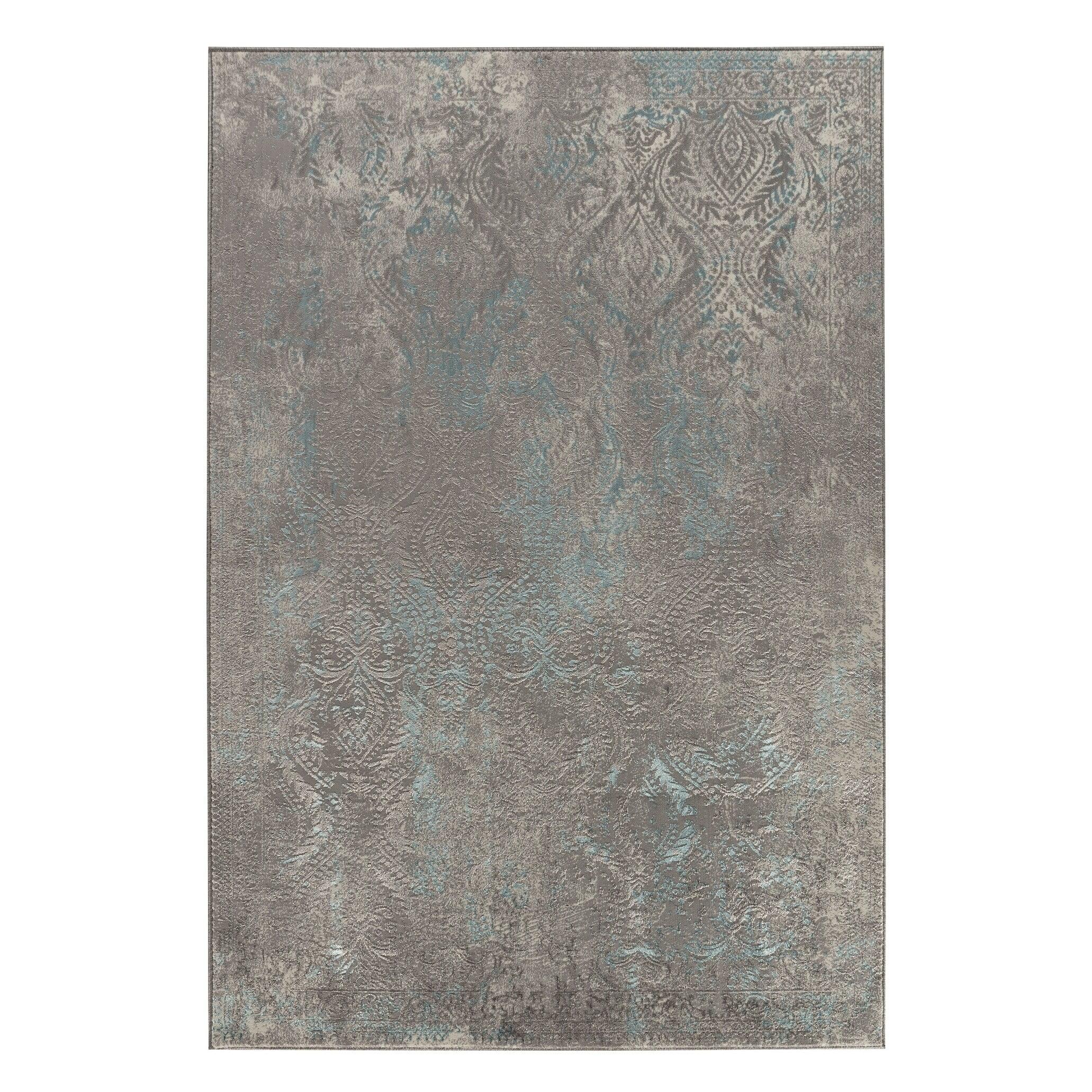 Gray and Blue Distressed Abstract Synthetic Area Rug - 4' x 6'