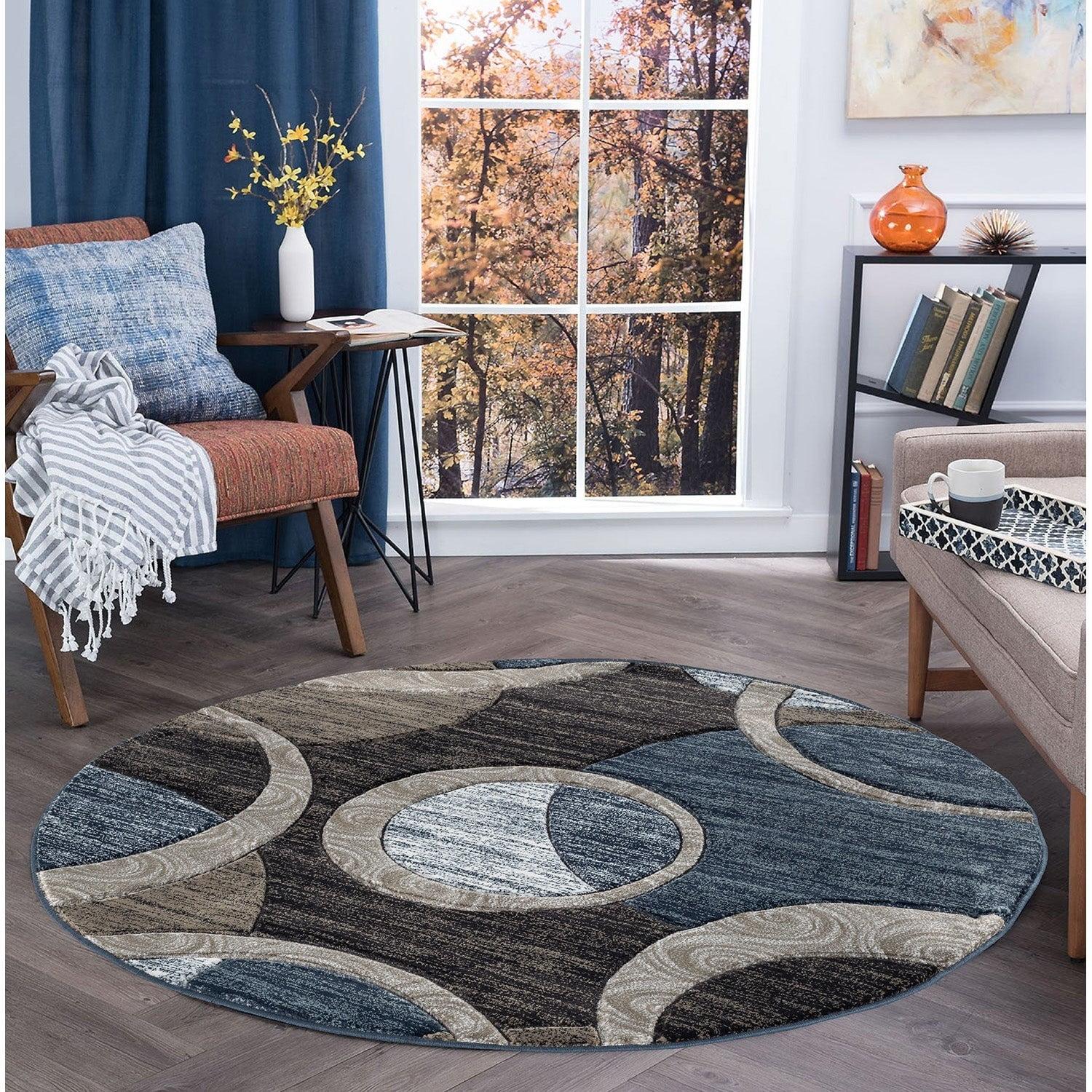 Geometric Circles 5' Round Area Rug in Gray and Brown, Stain-Resistant Synthetic