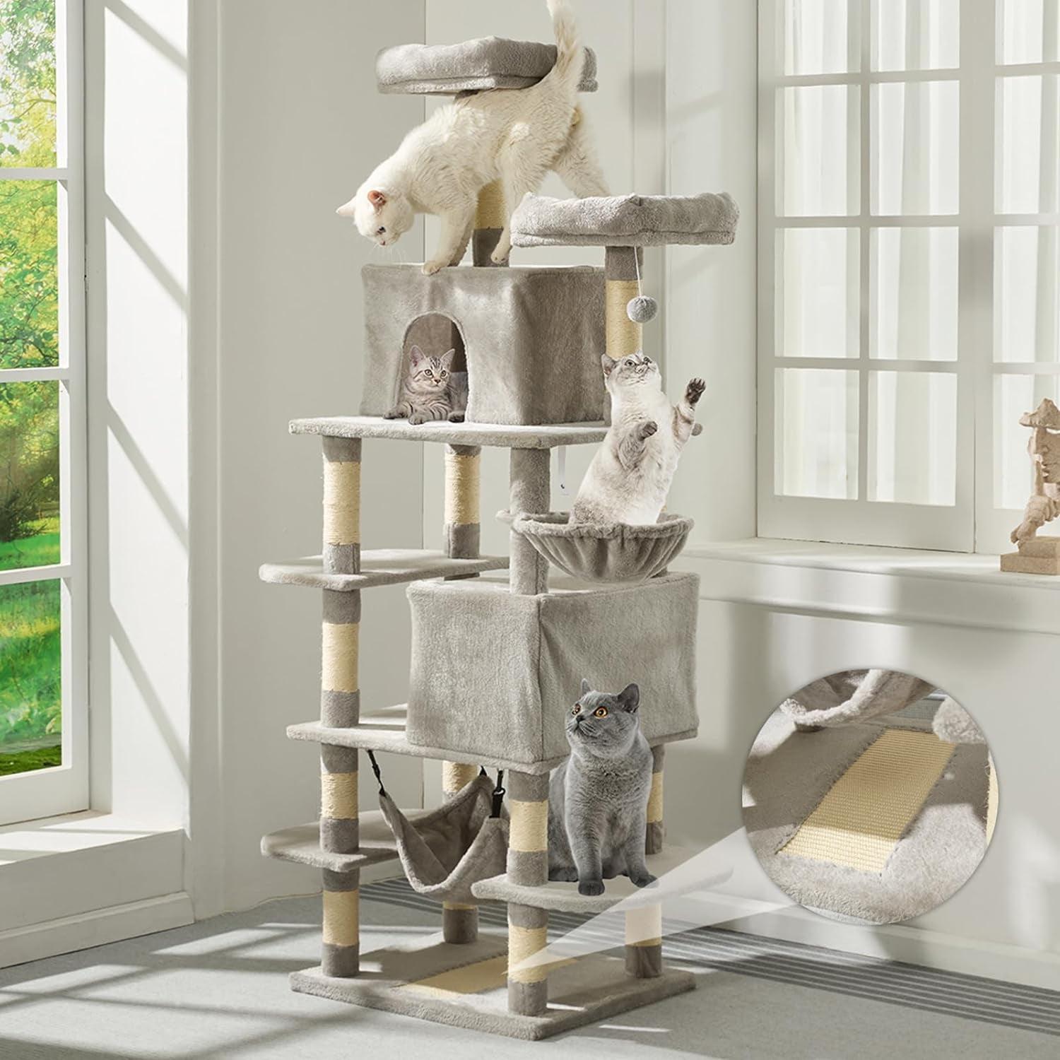 MDEAM Cat Tree 74 Inch Multi-Level Large Cat Tower with 16 Sisal Scratching Posts,2 Caves,2 Perches,Hammock,Scratching Board,Basket,Cozy Plush Cat Perches for Indoor Large Cats(Light Gray)