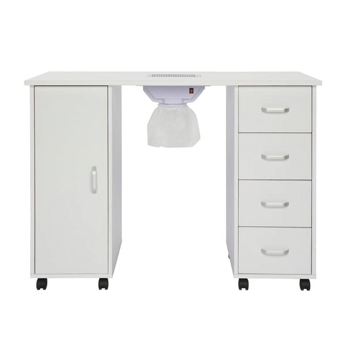 IVV Nail Table Station with Fan - Nail Beauty Spa Salon Desk Workstation with Single Door Cabinet and 4 Drawers - Professional Nail Art Desk - Controllable Wheels and Dust Collector - White