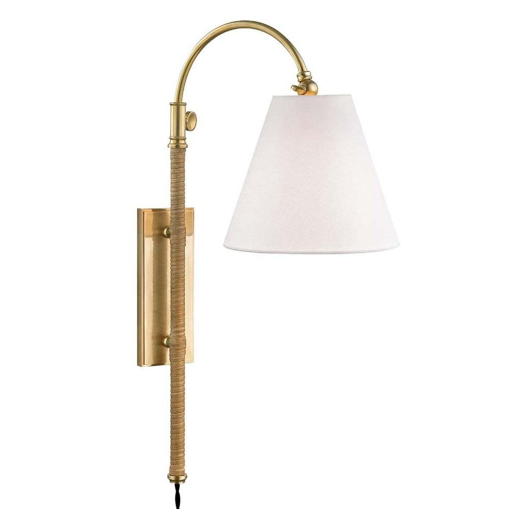 Avron Aged Brass Dimmable Plug-In Sconce with Linen Shade