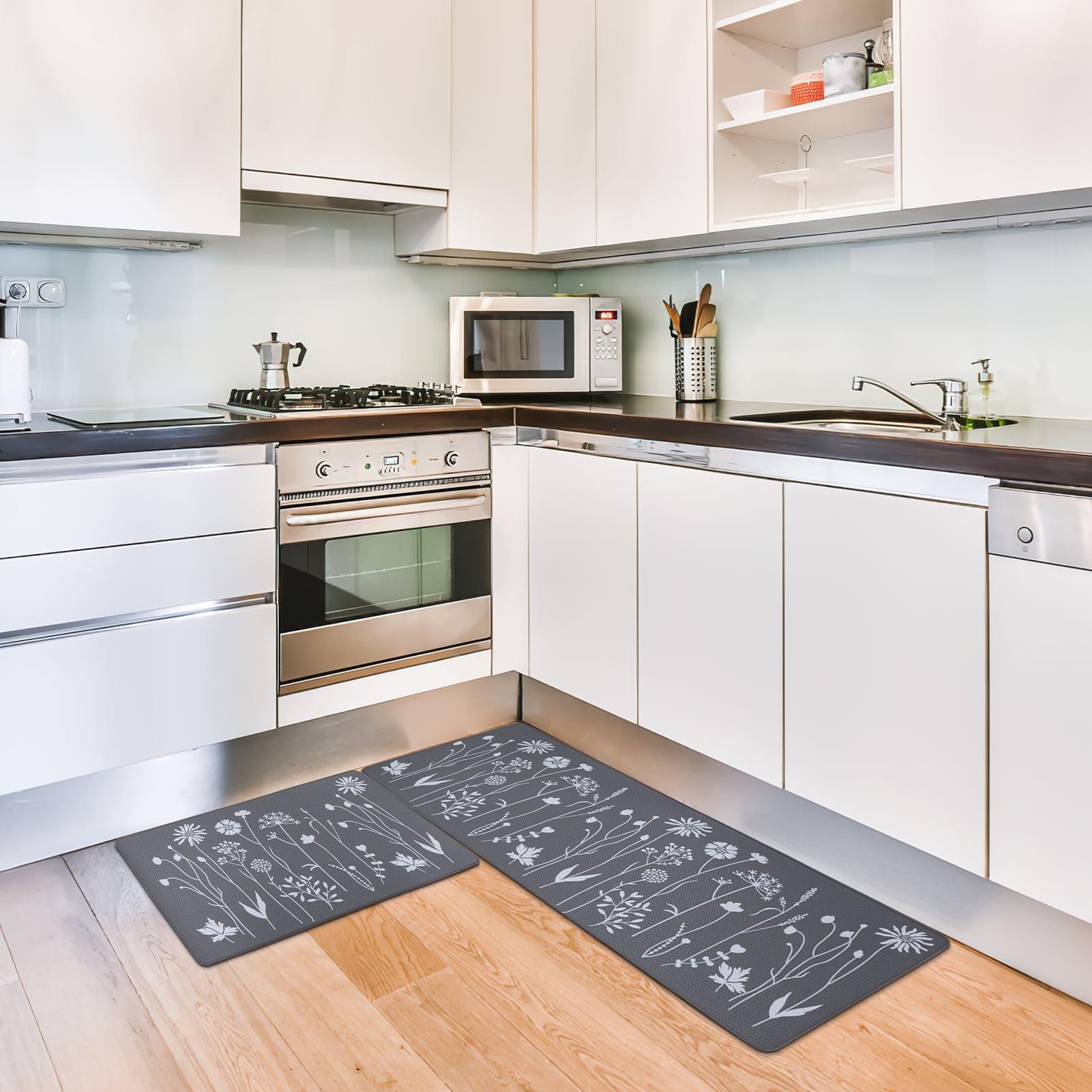 MEBRUDY 2 Pcs Kitchen Rugs and Mats, Cushioned Anti-Fatigue Floor Mat, PVC Non-Slip Waterproof Kitchen Rug Set for Kitchen, Office, Sink 17"x47"+17"x29" (Gray)