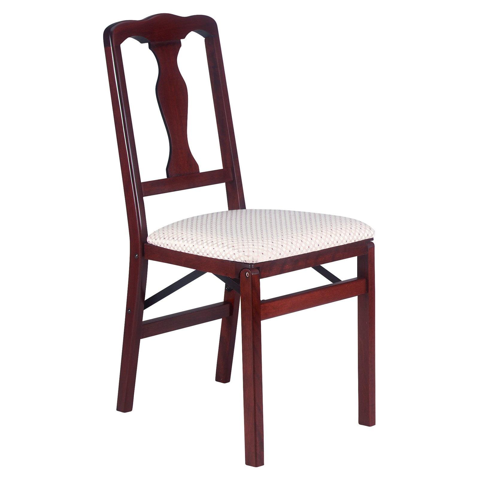 2pc Folding Chairs with Blush Fabric Seat Cherry - Stakmore: Queen Anne Style, Solid Hardwood