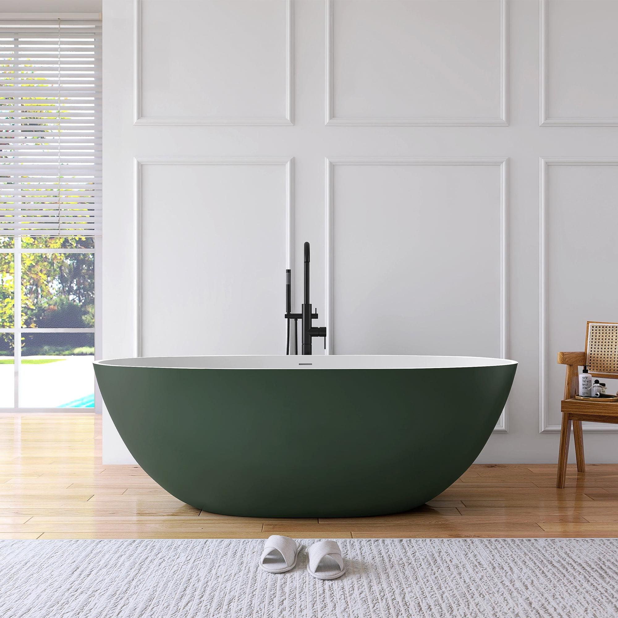 65'' Green and White Stone Resin Freestanding Soaking Bathtub