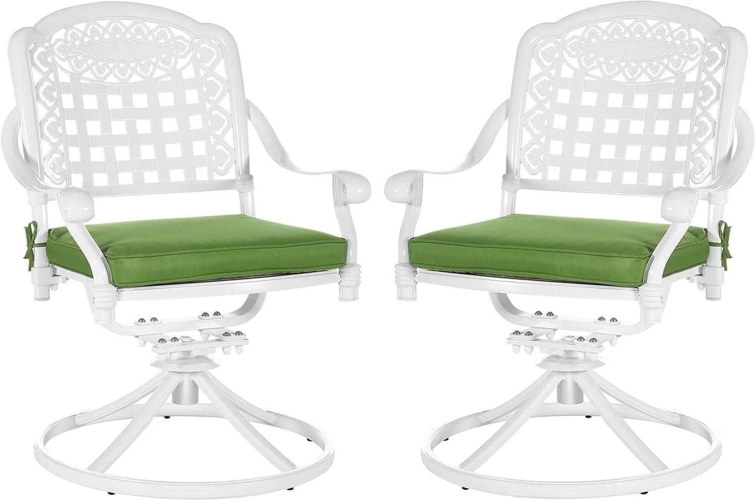 VIVIJASON Vivijason Patio Swivel Dining Chairs Set Of 2, All Weather Cast Aluminum Outdoor Dining Rocker Chairs, Patio Furniture Chair Set With Cushion For Balcony, Lawn, Garden, Backyard, White/green Cushion