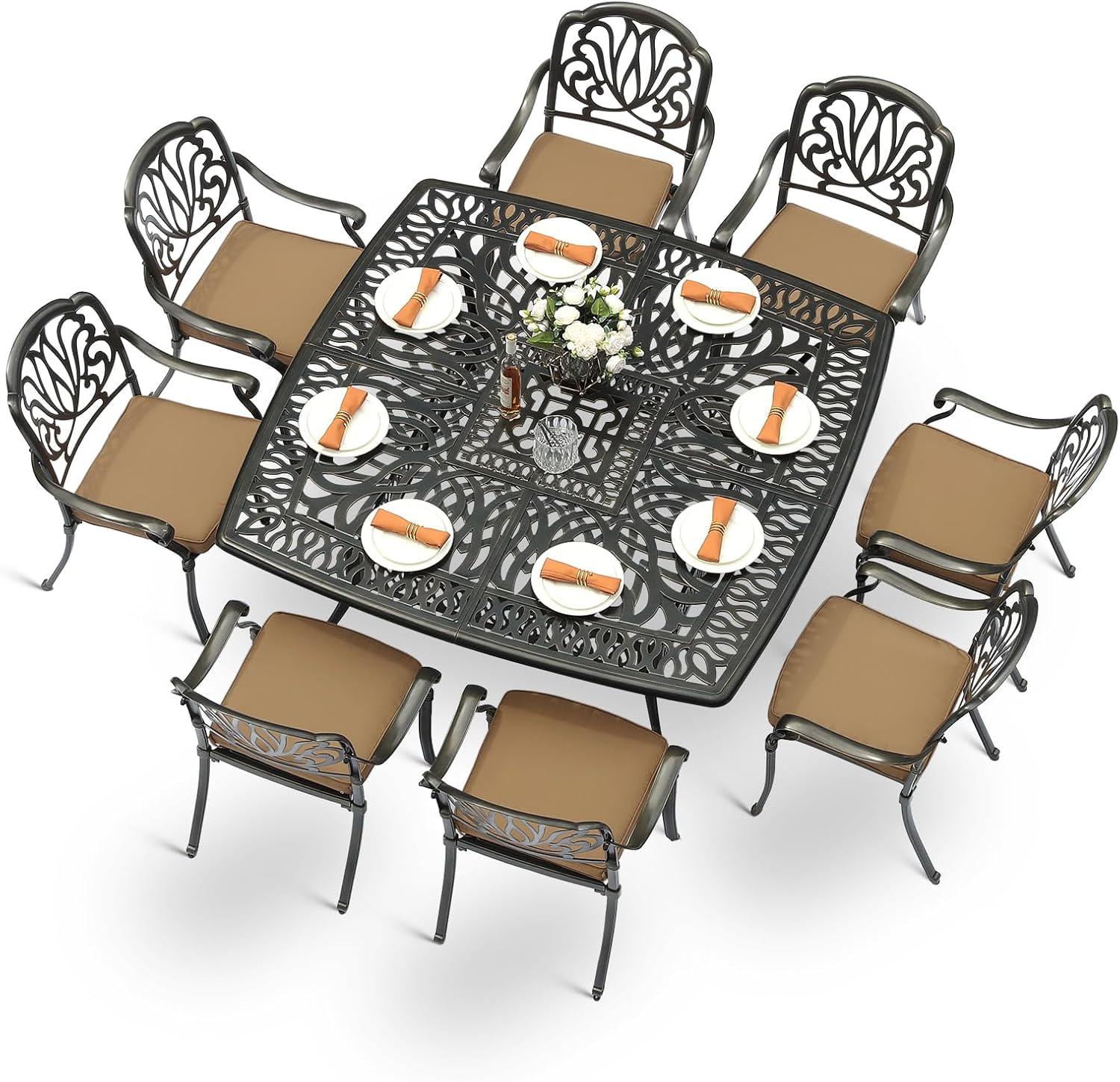 9-Piece Outdoor Patio Dining Set For 8, All Weather Cast Aluminum Patio Funiture Table And Chairs Set- Large 64" Square Table And 2 Swivel Rocker Chairs, 6 Stationary Chairs, 2.2" Umbrella Hole