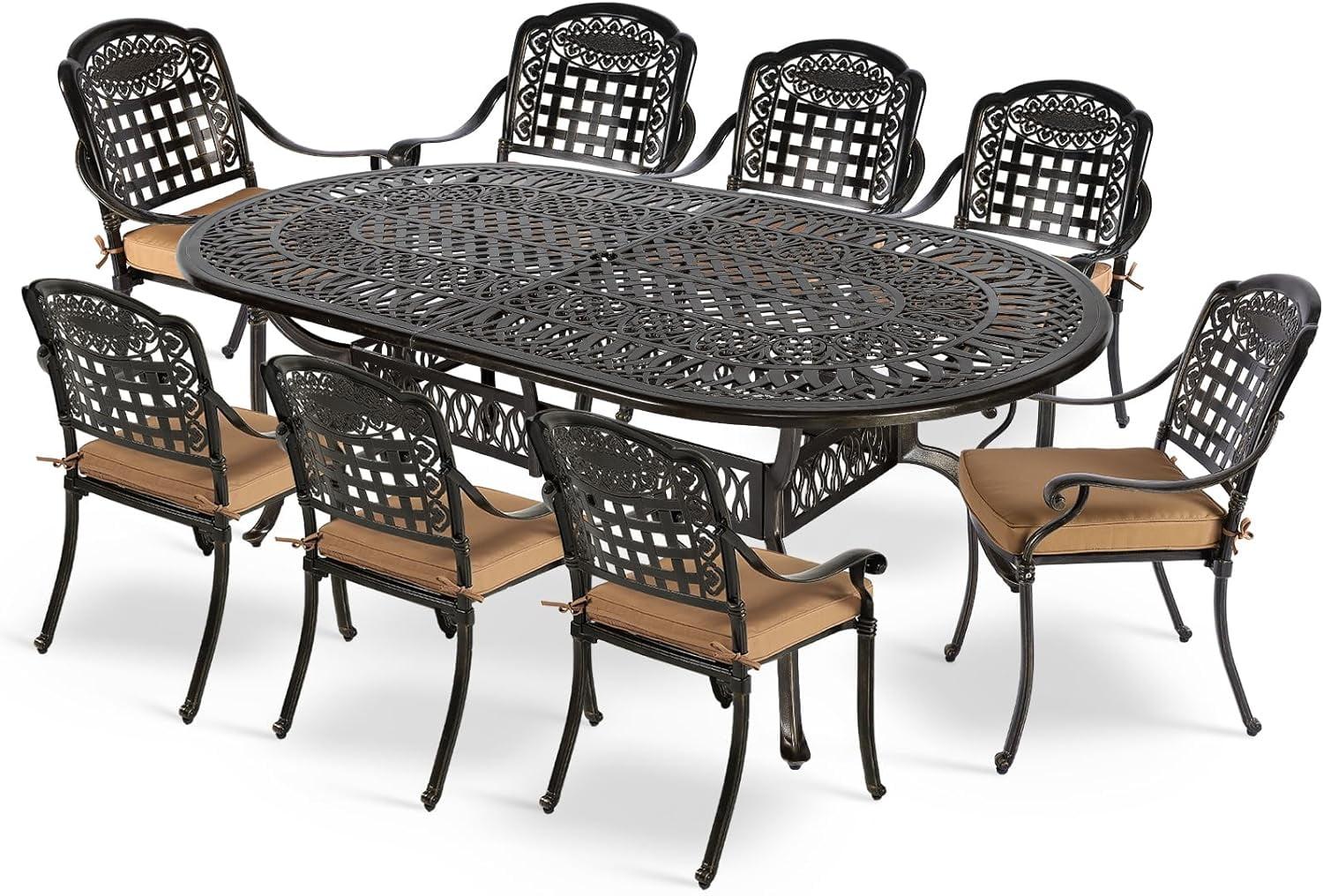 Dark Bronze 9-Piece Cast Aluminum Outdoor Dining Set with Umbrella Hole