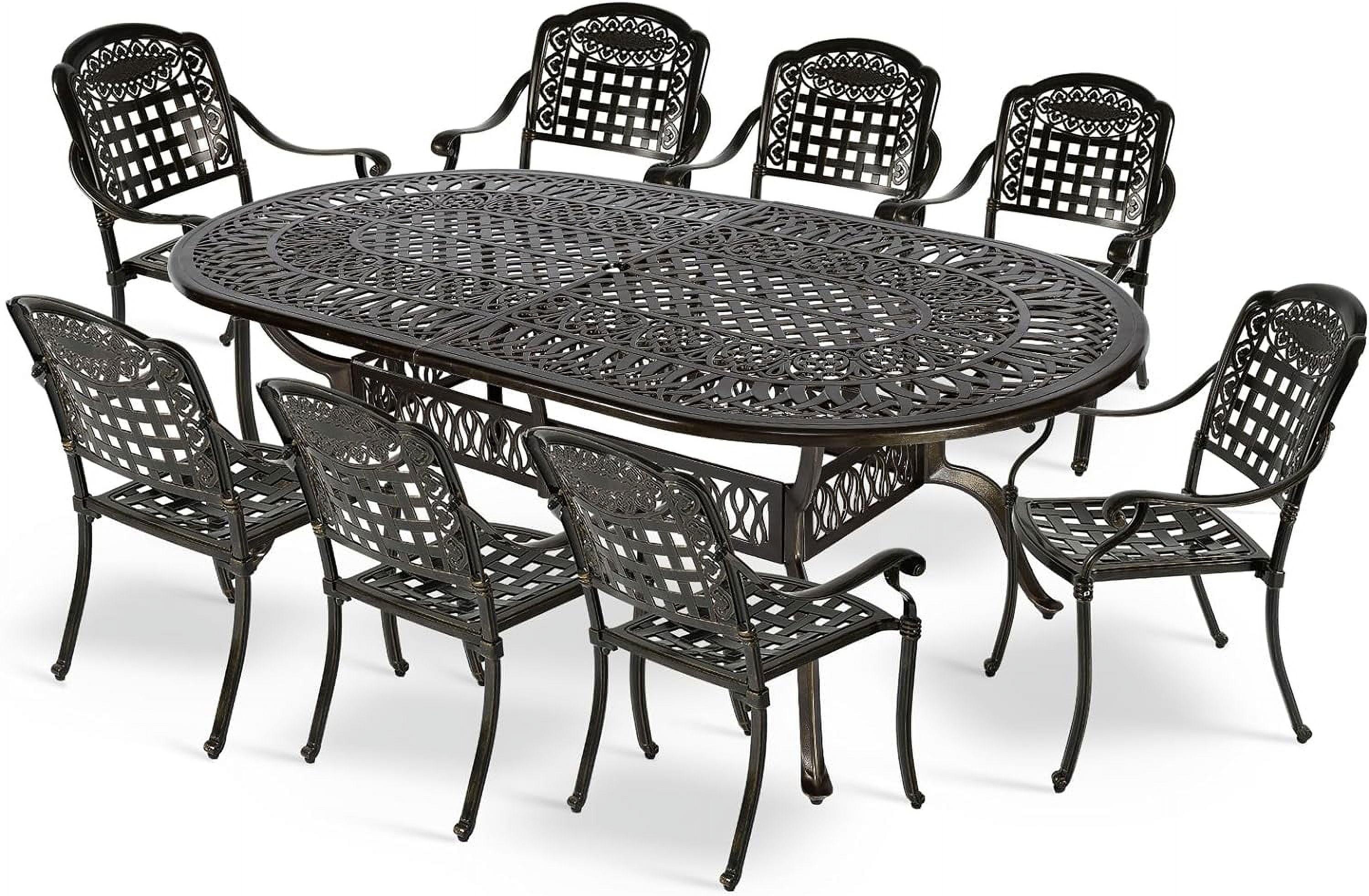 MEETWARM 9-Piece Outdoor Furniture Dining Set, All Weather Cast Aluminum Patio Garden Set with 8 Chairs,1 Oval Table, 2.2" Umbrella Hole, Dark Bronze