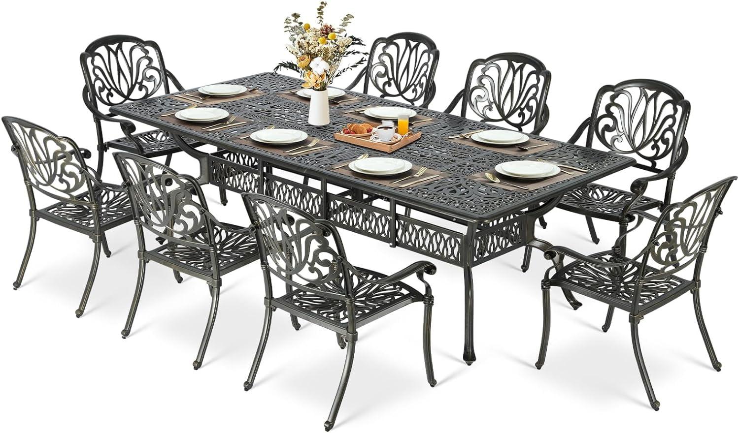 MEETWARM 9-Piece Outdoor Furniture Dining Set, All Weather Cast Aluminum Patio Garden Set with 8 Chairs,1 Oval Table, 2.2" Umbrella Hole, Dark Bronze