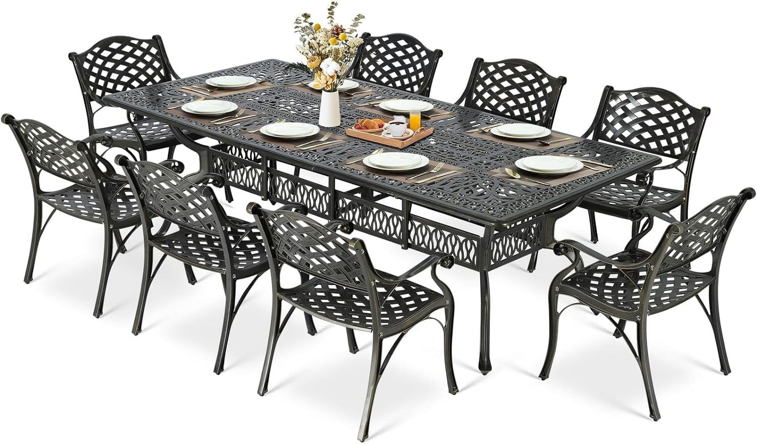 MEETWARM 9-Piece Outdoor Furniture Dining Set, All Weather Cast Aluminum Patio Garden Set with 8 Chairs,1 Oval Table, 2.2" Umbrella Hole, Dark Bronze