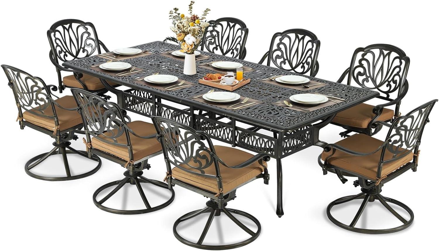 MEETWARM 9-Piece Outdoor Furniture Dining Set, All Weather Cast Aluminum Patio Garden Set with 8 Chairs,1 Oval Table, 2.2" Umbrella Hole, Dark Bronze