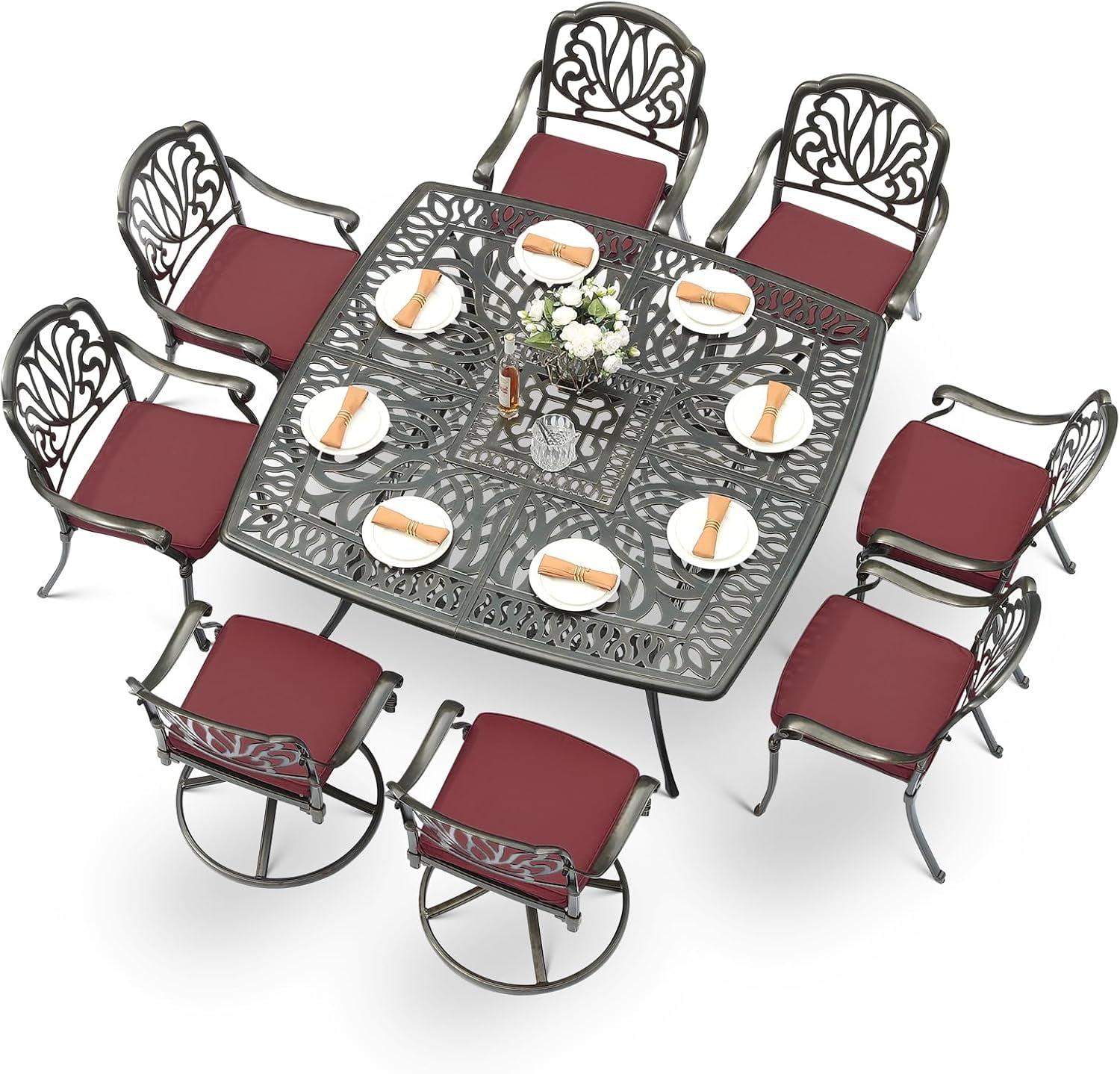 9-Piece Outdoor Patio Dining Set For 8, All Weather Cast Aluminum Patio Funiture Table And Chairs Set- Large 64" Square Table And 2 Swivel Rocker Chairs, 6 Stationary Chairs, 2.2" Umbrella Hole
