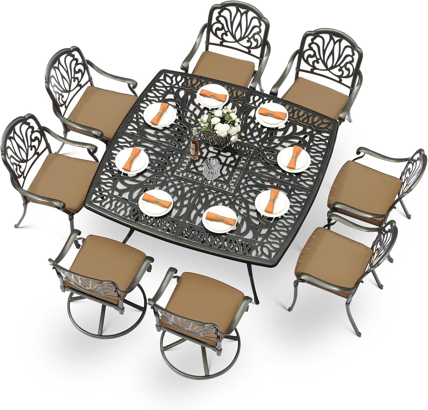 9-Piece Outdoor Patio Dining Set For 8, All Weather Cast Aluminum Patio Funiture Table And Chairs Set- Large 64" Square Table And 2 Swivel Rocker Chairs, 6 Stationary Chairs, 2.2" Umbrella Hole