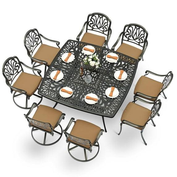 9-Piece Outdoor Patio Dining Set For 8, All Weather Cast Aluminum Patio Funiture Table And Chairs Set- Large 64" Square Table And 4 Swivel Rocker Chairs, 4 Stationary Chairs, 2.2" Umbrella Hole