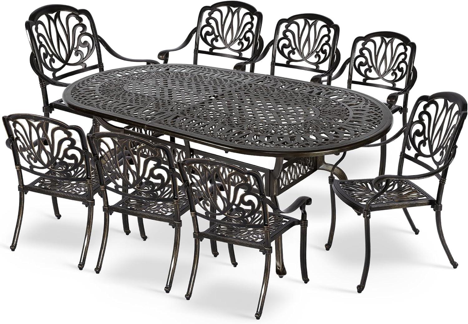 MEETWARM 9-Piece Outdoor Furniture Dining Set, All Weather Cast Aluminum Patio Garden Set with 8 Chairs,1 Oval Table, 2.2" Umbrella Hole, Dark Bronze