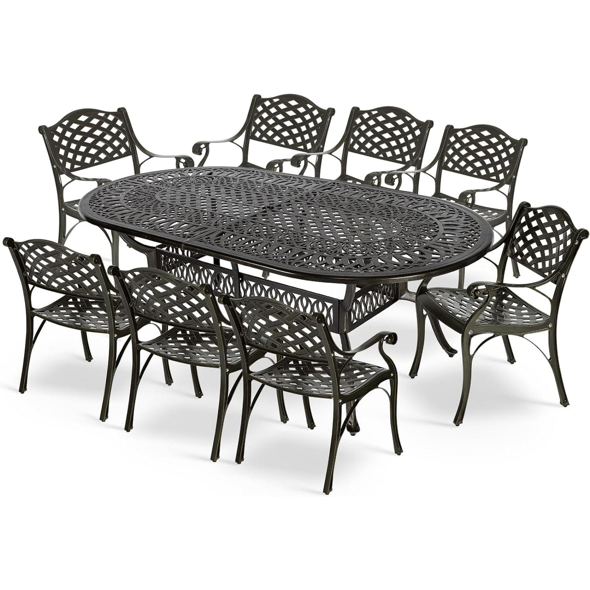 MEETWARM 9-Piece Outdoor Furniture Dining Set, All Weather Cast Aluminum Patio Garden Set with 8 Chairs,1 Oval Table, 2.2" Umbrella Hole, Dark Bronze