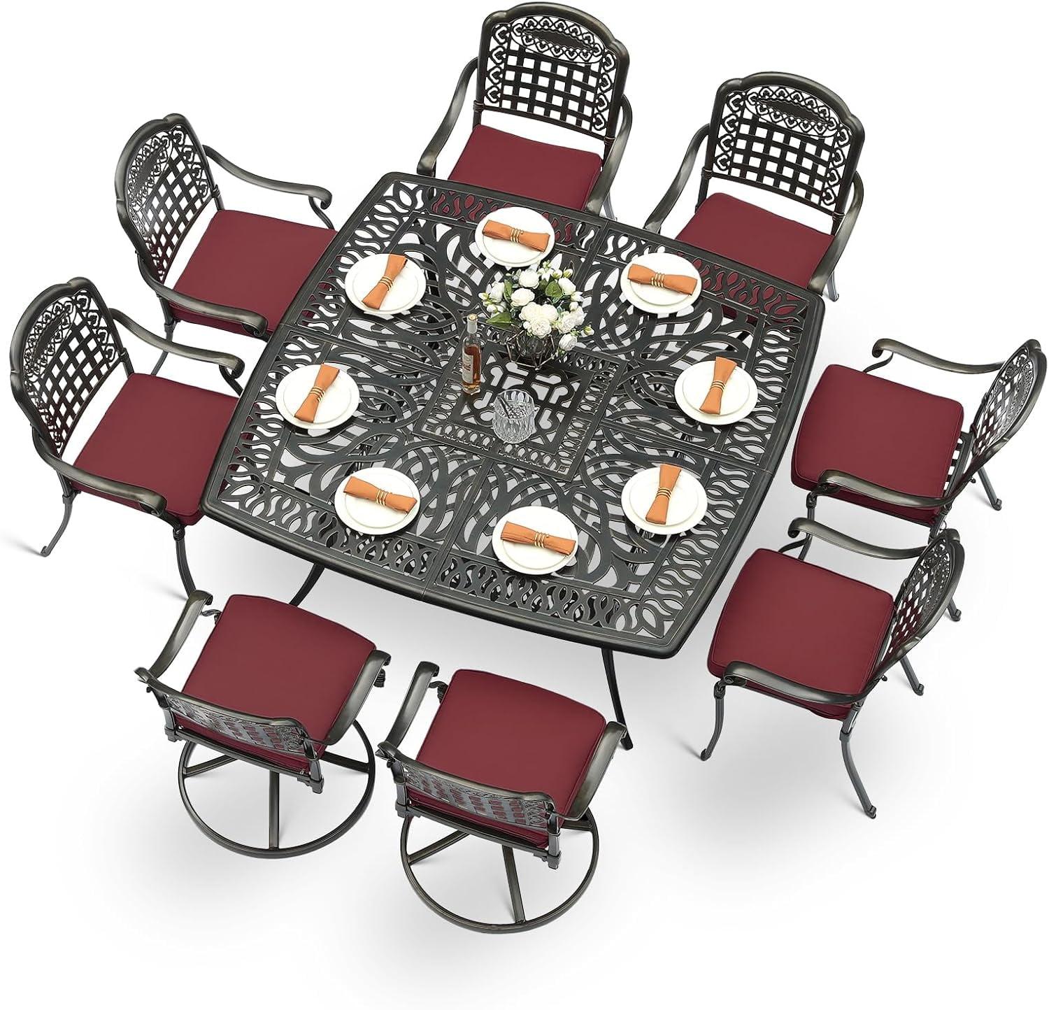 9-Piece Outdoor Patio Dining Set For 8, All Weather Cast Aluminum Patio Funiture Table And Chairs Set- Large 64" Square Table And 2 Swivel Rocker Chairs, 6 Stationary Chairs For Garden