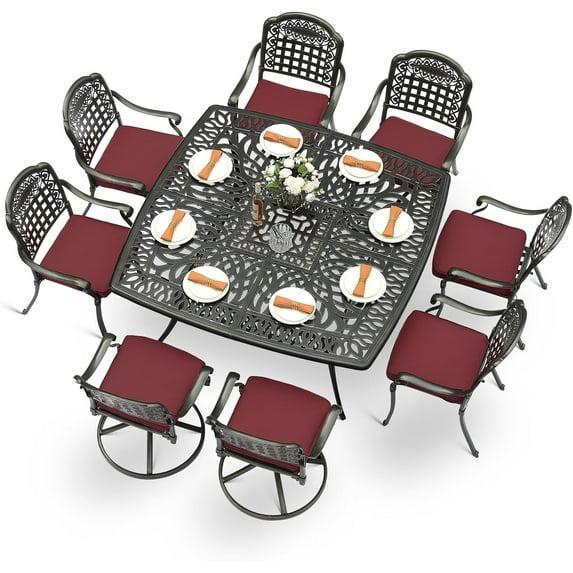 9-Piece Outdoor Patio Dining Set For 8, All Weather Cast Aluminum Patio Funiture Table And Chairs Set- Large 64" Square Table And 2 Swivel Rocker Chairs, 6 Stationary Chairs For Garden