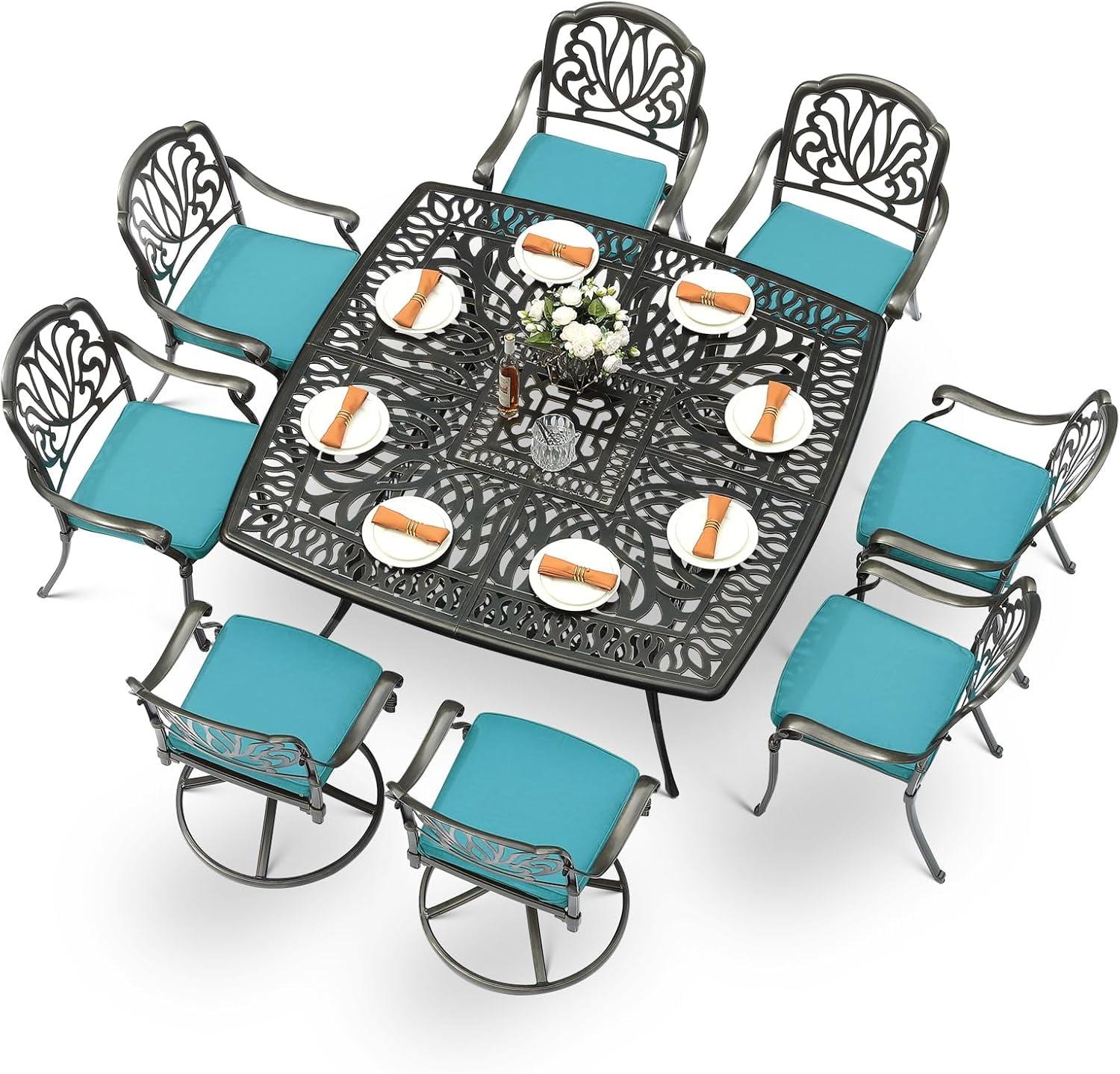 9-Piece Outdoor Patio Dining Set For 8, All Weather Cast Aluminum Patio Funiture Table And Chairs Set- Large 64" Square Table And 2 Swivel Rocker Chairs, 6 Stationary Chairs For Garden