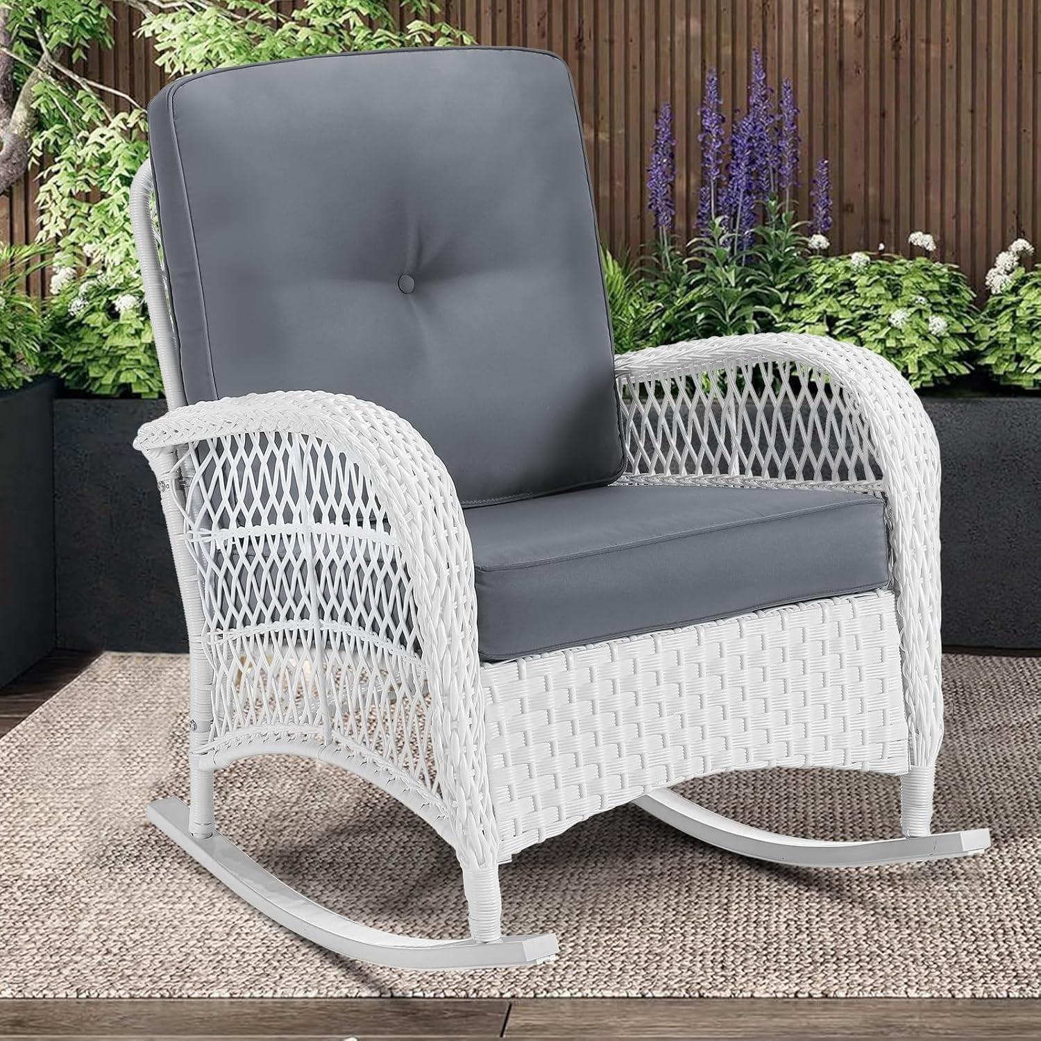 Highland Dunes Highland Dunes Outdoor Wicker Rocking Chair, Rattan Patio Rocker Chairs With Cushions And High Back, All-Weather Patio Wicker Chair With Safe Rocking Design For Garden Backyard Porch, White Wicker
