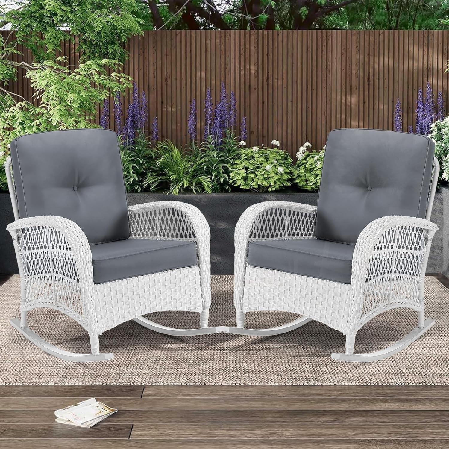 Beachcrest Home™ Beachcrest Home Outdoor Wicker Rocking Chairs Set Of 2, Rattan Patio Rocker Chairs With Thick Cushions And High Back, All-Weather Patio Wicker Chair With Safe Rocking Design For Garden, White Wicker