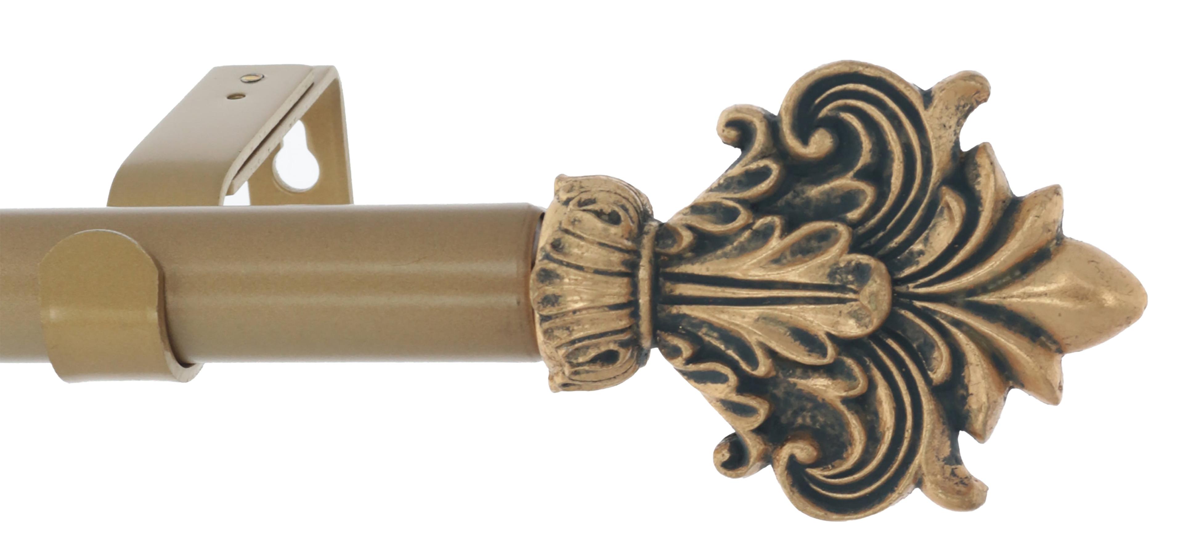 Antique Gold Adjustable Metal Curtain Rod with Acanthus Finials, 28-48 Inches