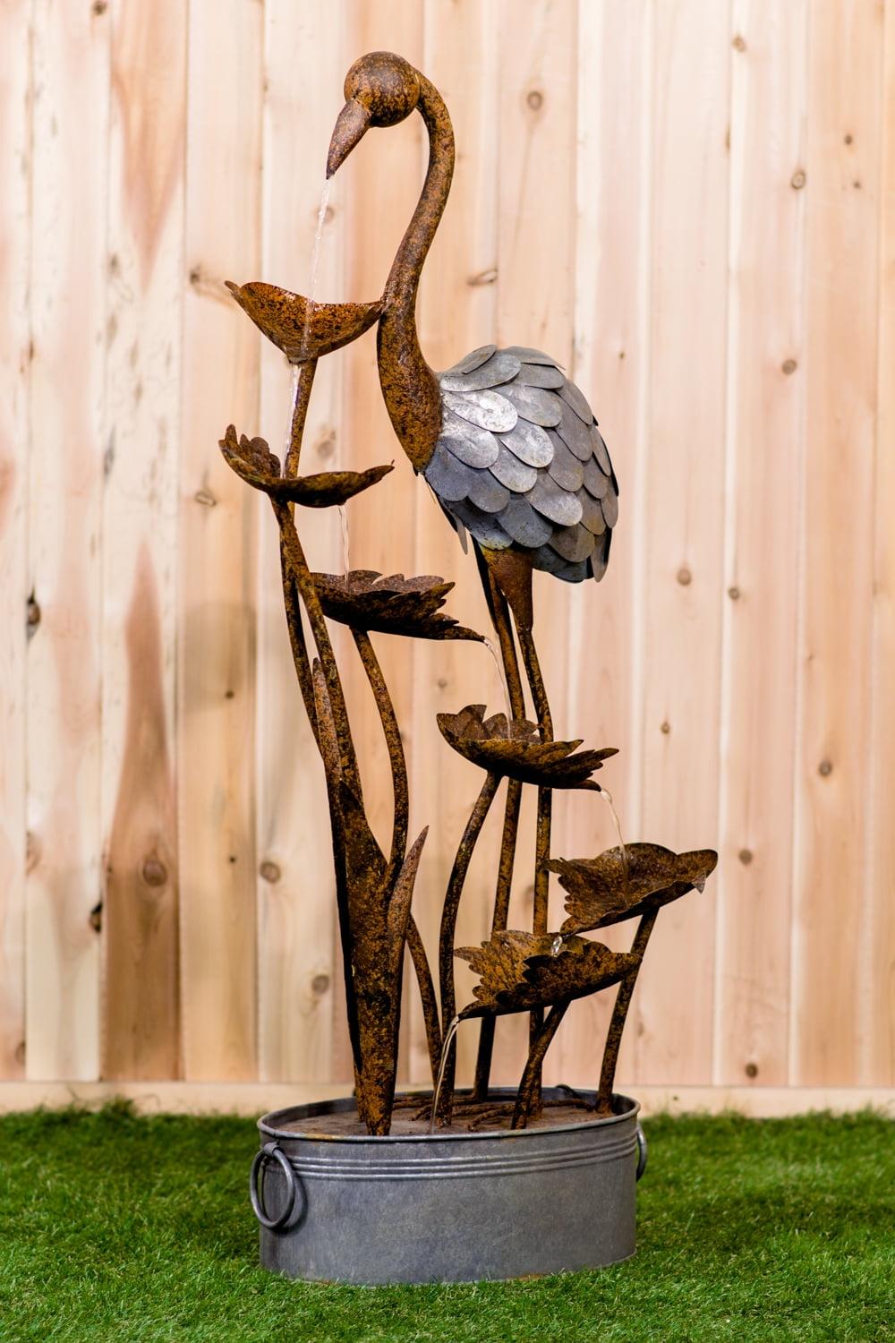 Rustic Metal Flamingo Garden Fountain with Leaves