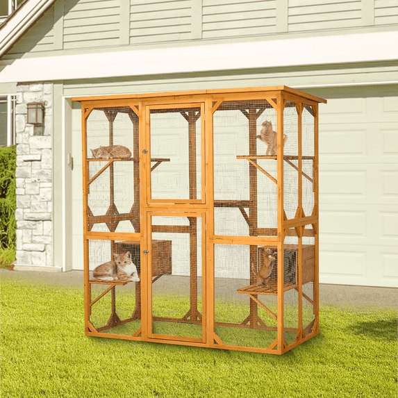 Gracie Oaks Outdoor Cat Enclosure with Roof 72" Height Cat Wooden House Large Cat Catio